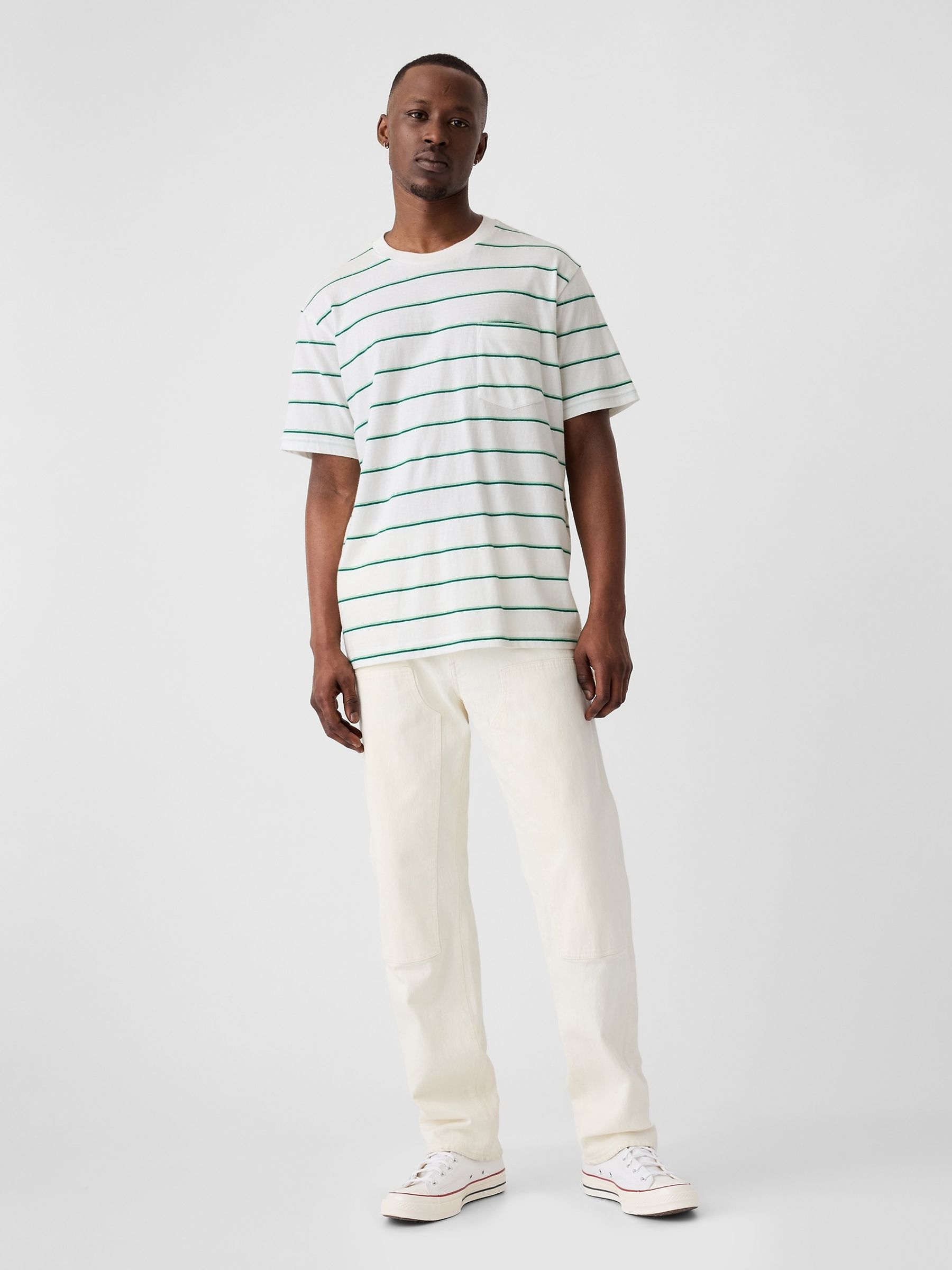 White/Green Stripe Original Pocket Short Sleeve Crew Neck T-Shirt - Image 3 of 4