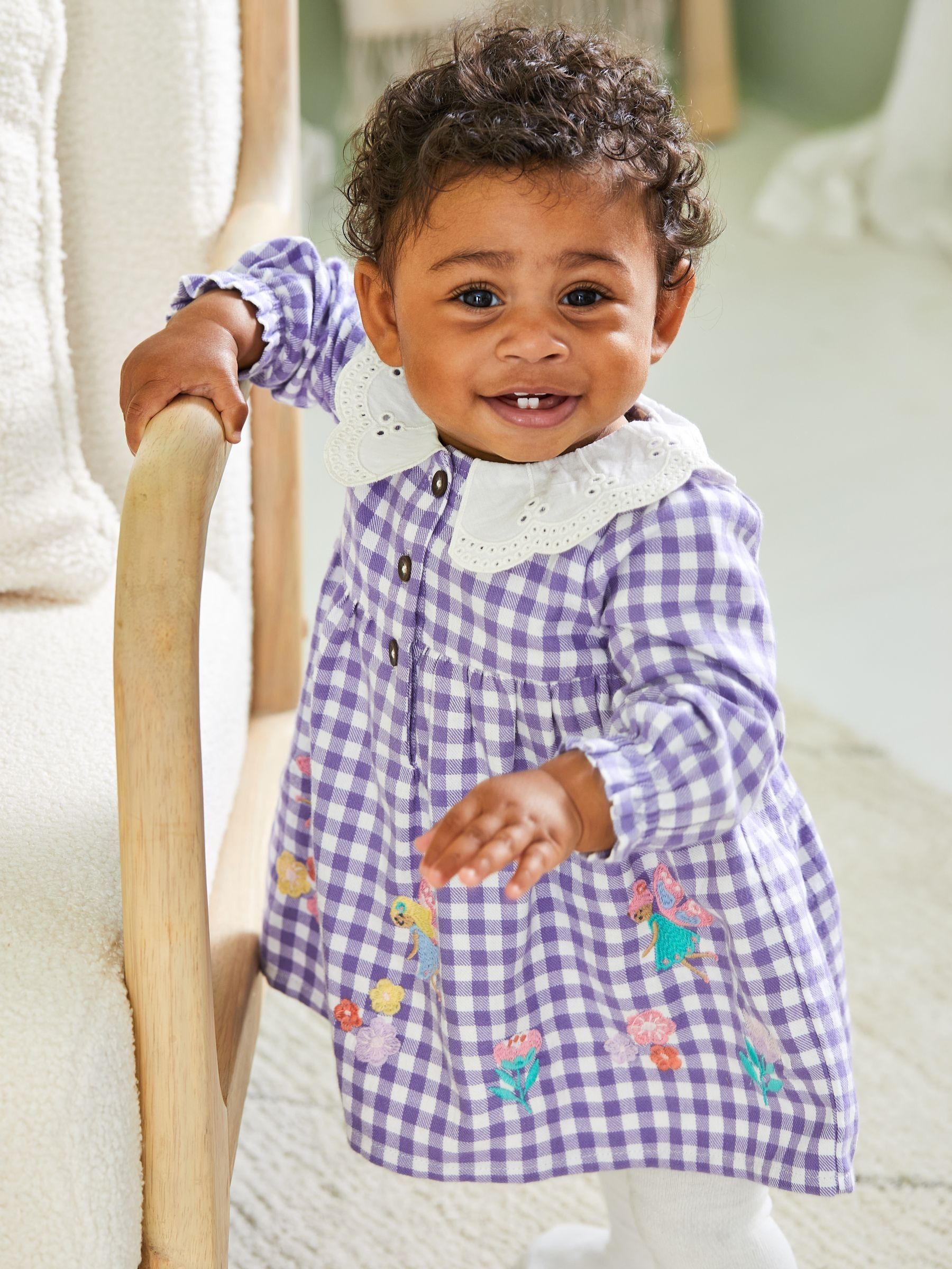 Lilac Purple Fairy Applique Gingham Baby Dress & Tights Set - Image 2 of 8