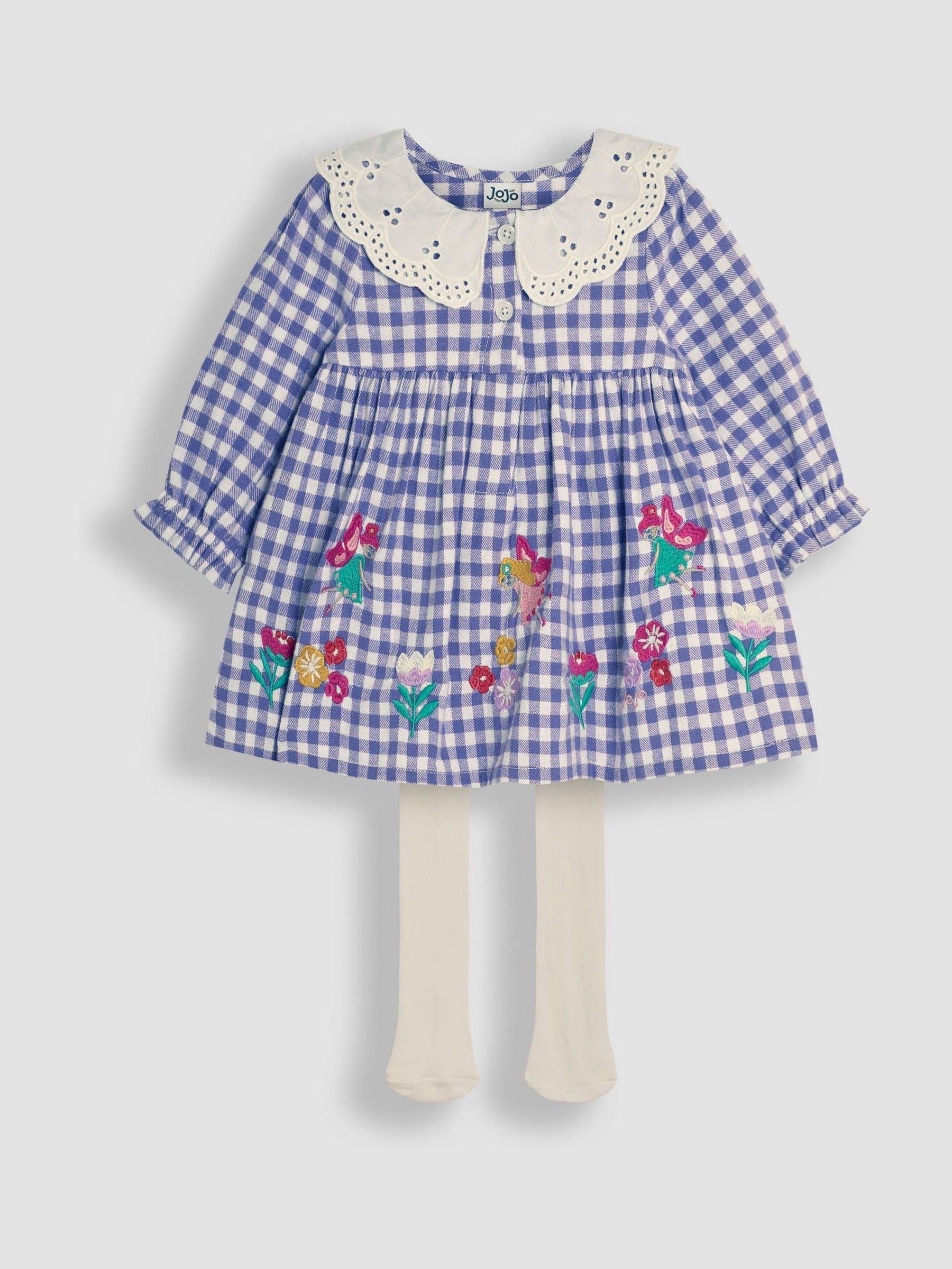 Lilac Purple Fairy Applique Gingham Baby Dress & Tights Set - Image 4 of 8