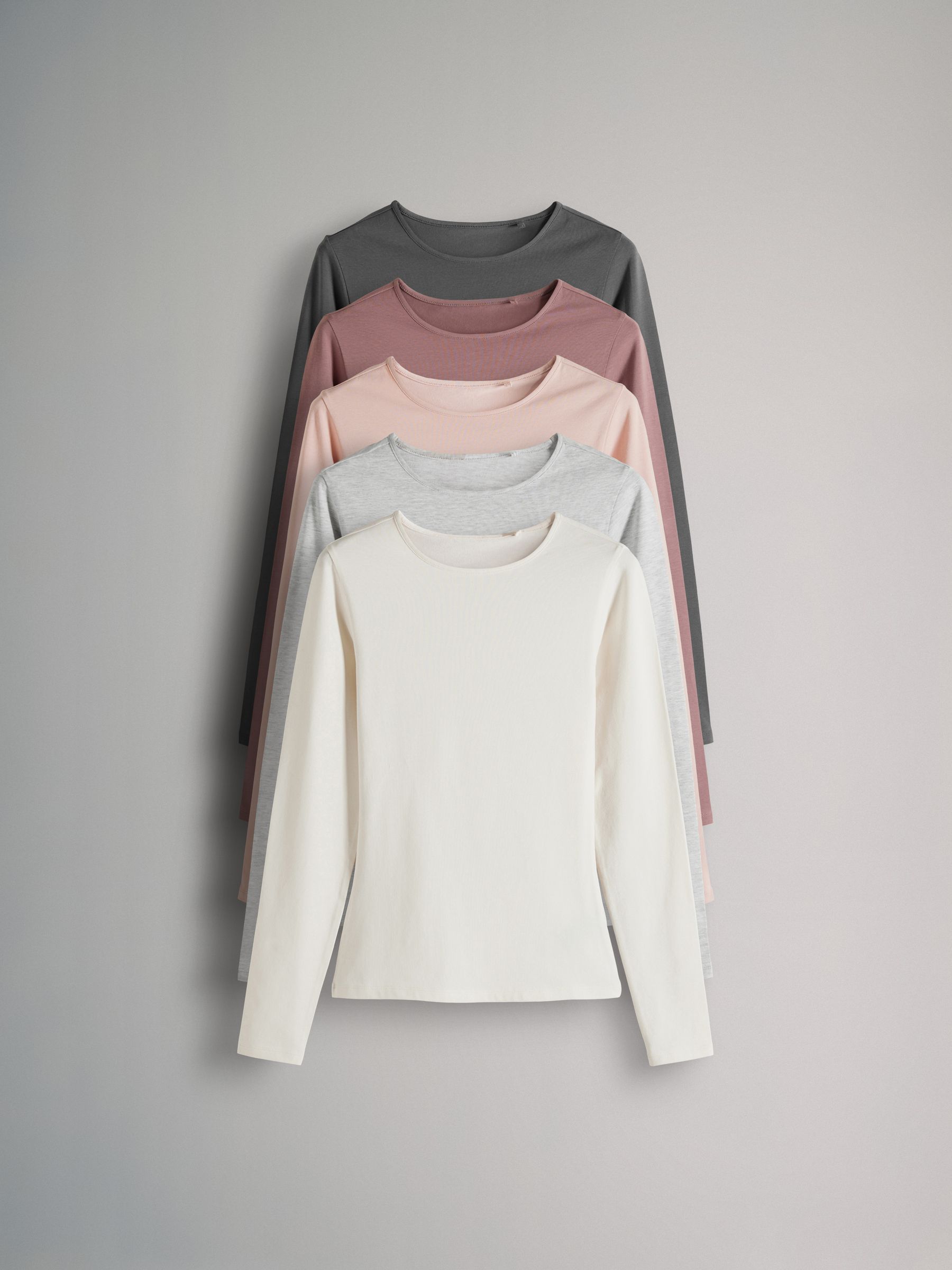 Light Grey/Light Pink/Slate Grey/Cream/Mauve Pink - 5 Pack Long Sleeve Crew Neck T-Shirts - Image 2 of 13