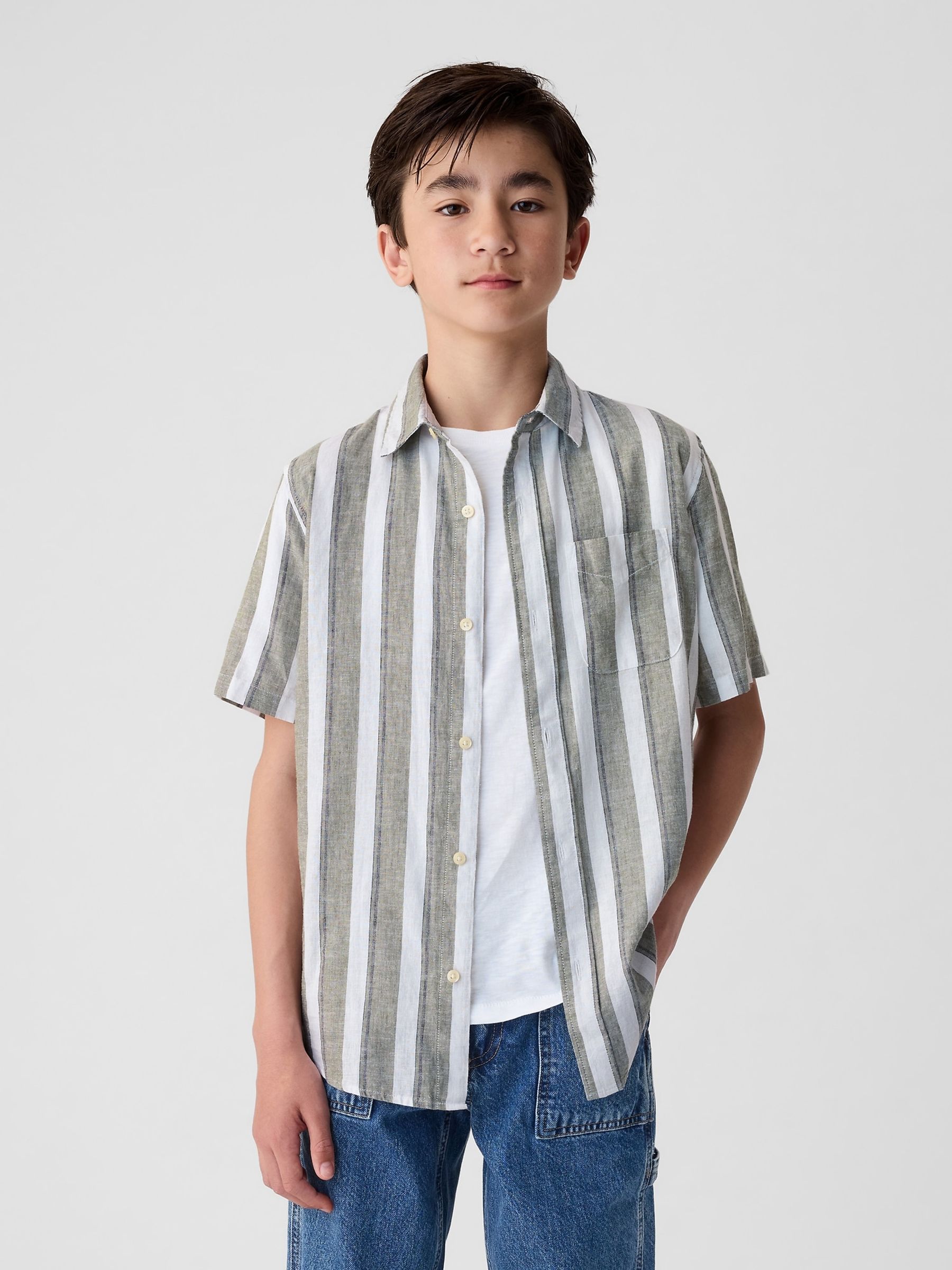 Green Stripe Linen Blend Short Sleeve Shirt (4-13yrs) - Image 1 of 1