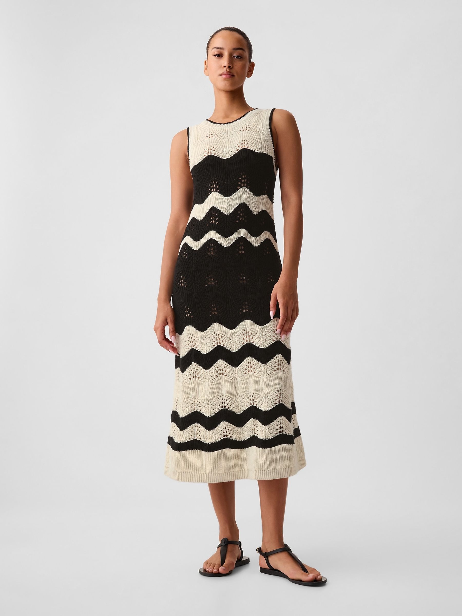 Black Sleeveless Knit Crochet Midi Dress - Image 2 of 6