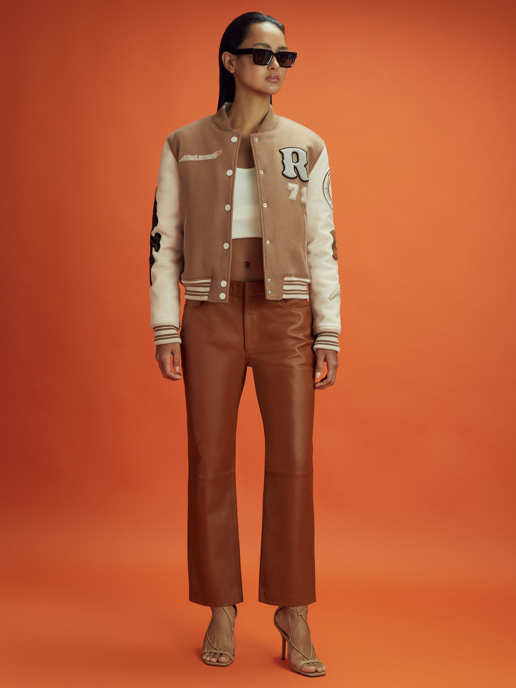 McLaren F1 Leather Varsity Jacket in Camel/Ecru - Image 3 of 7