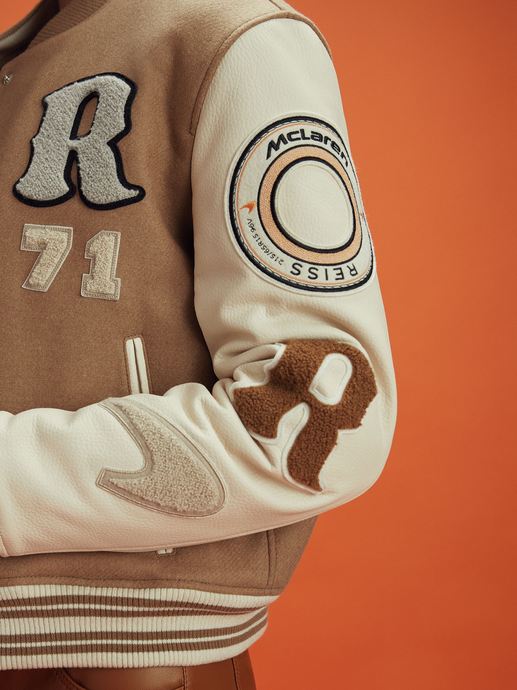 McLaren F1 Leather Varsity Jacket in Camel/Ecru - Image 4 of 7