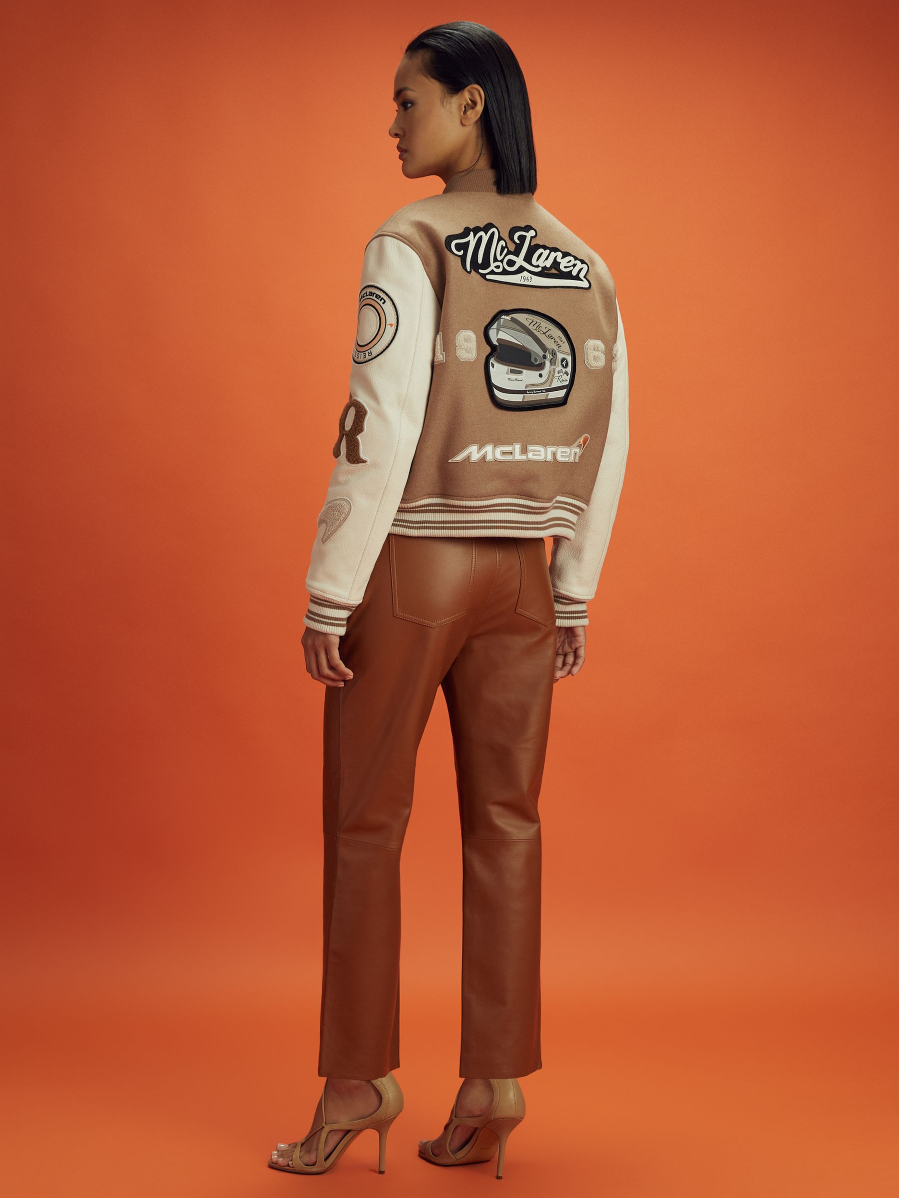 McLaren F1 Leather Varsity Jacket in Camel/Ecru - Image 5 of 7
