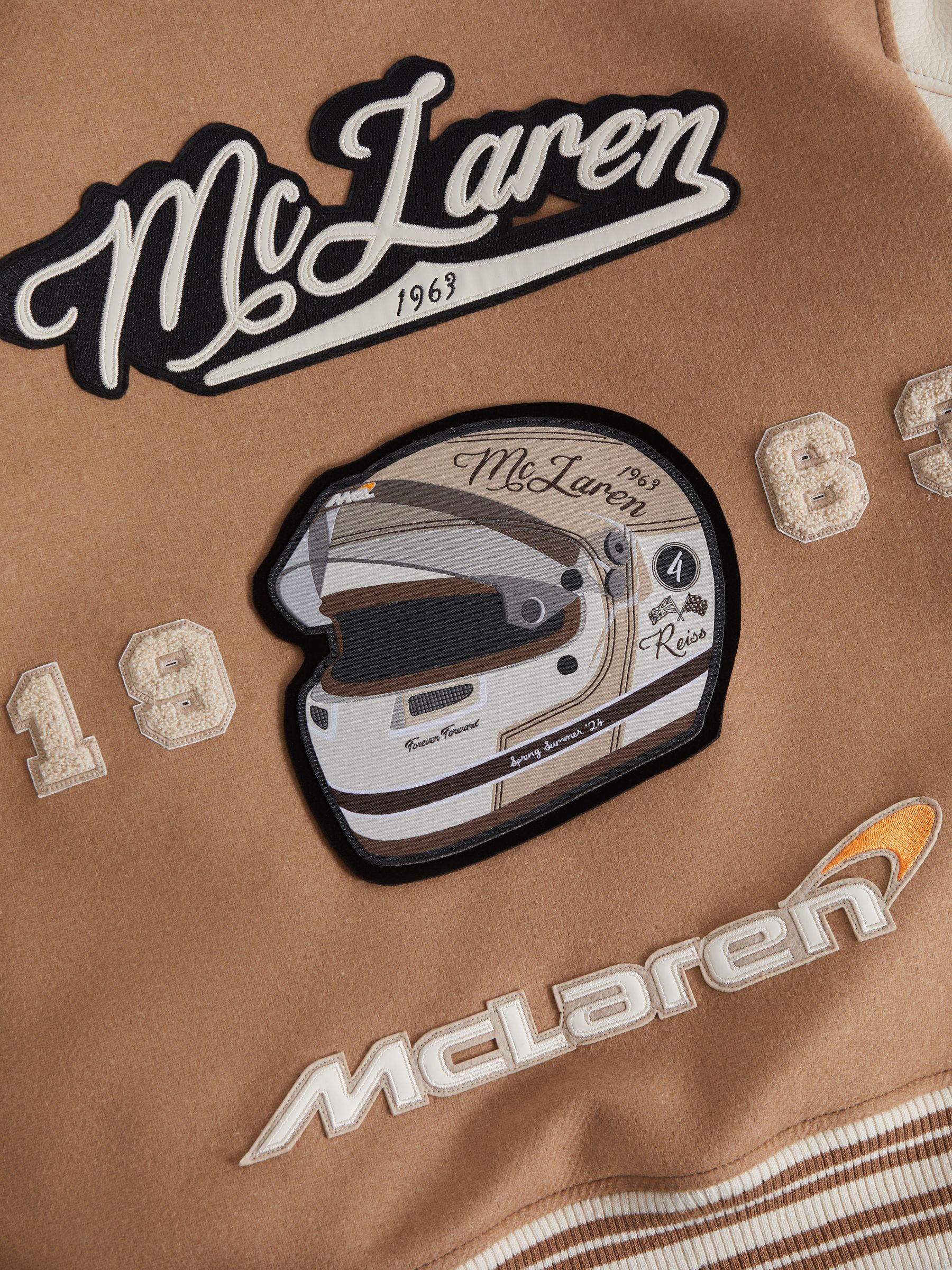 McLaren F1 Leather Varsity Jacket in Camel/Ecru - Image 6 of 7
