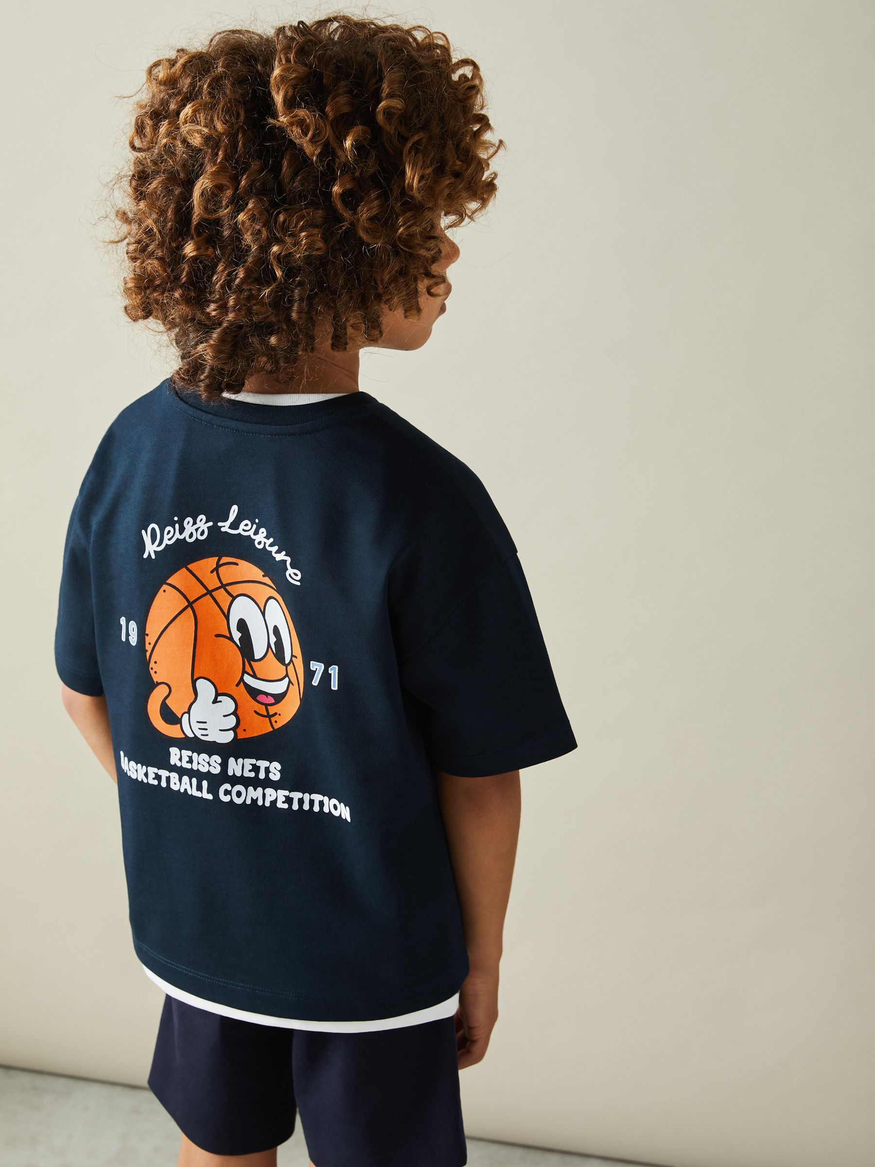 3-9 yrs Oversized Cotton Basketball Motif Crew Neck T-Shirt in Washed Navy - Image 4 of 5