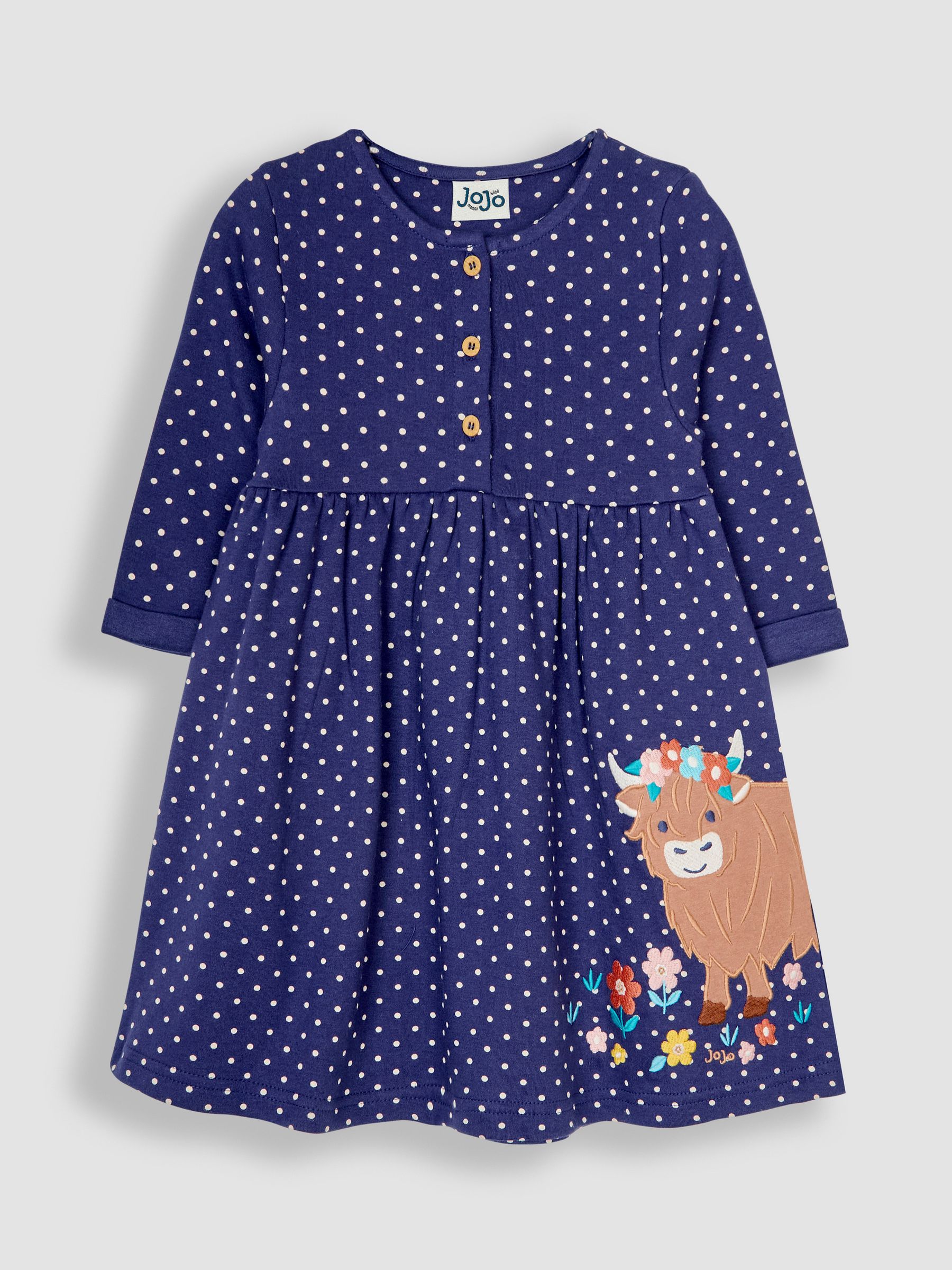Navy Blue Highland Cow Appliqué Button Front Dress - Image 1 of 3