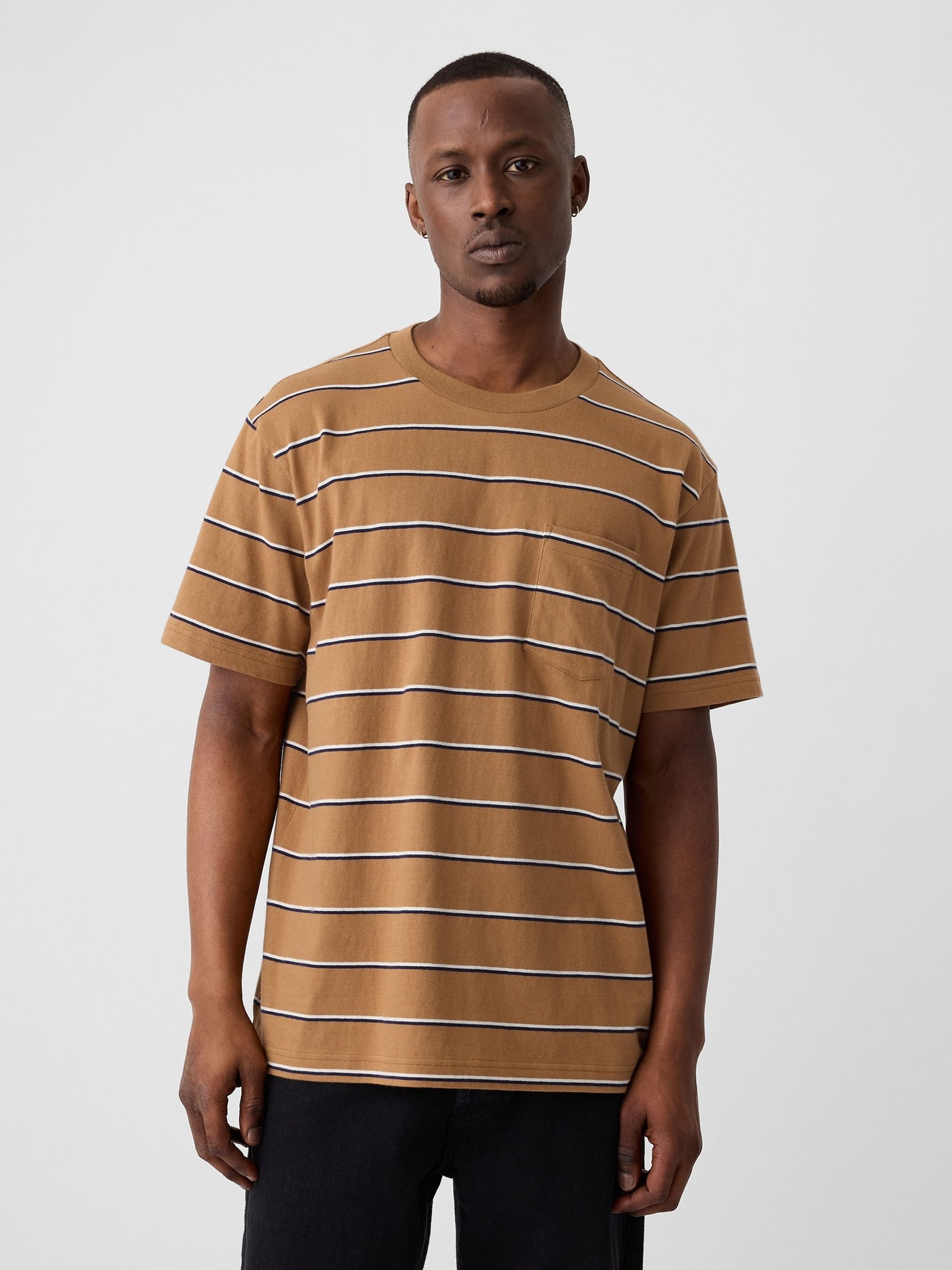 Brown Stripe Original Pocket Short Sleeve Crew Neck T-Shirt - Image 1 of 4