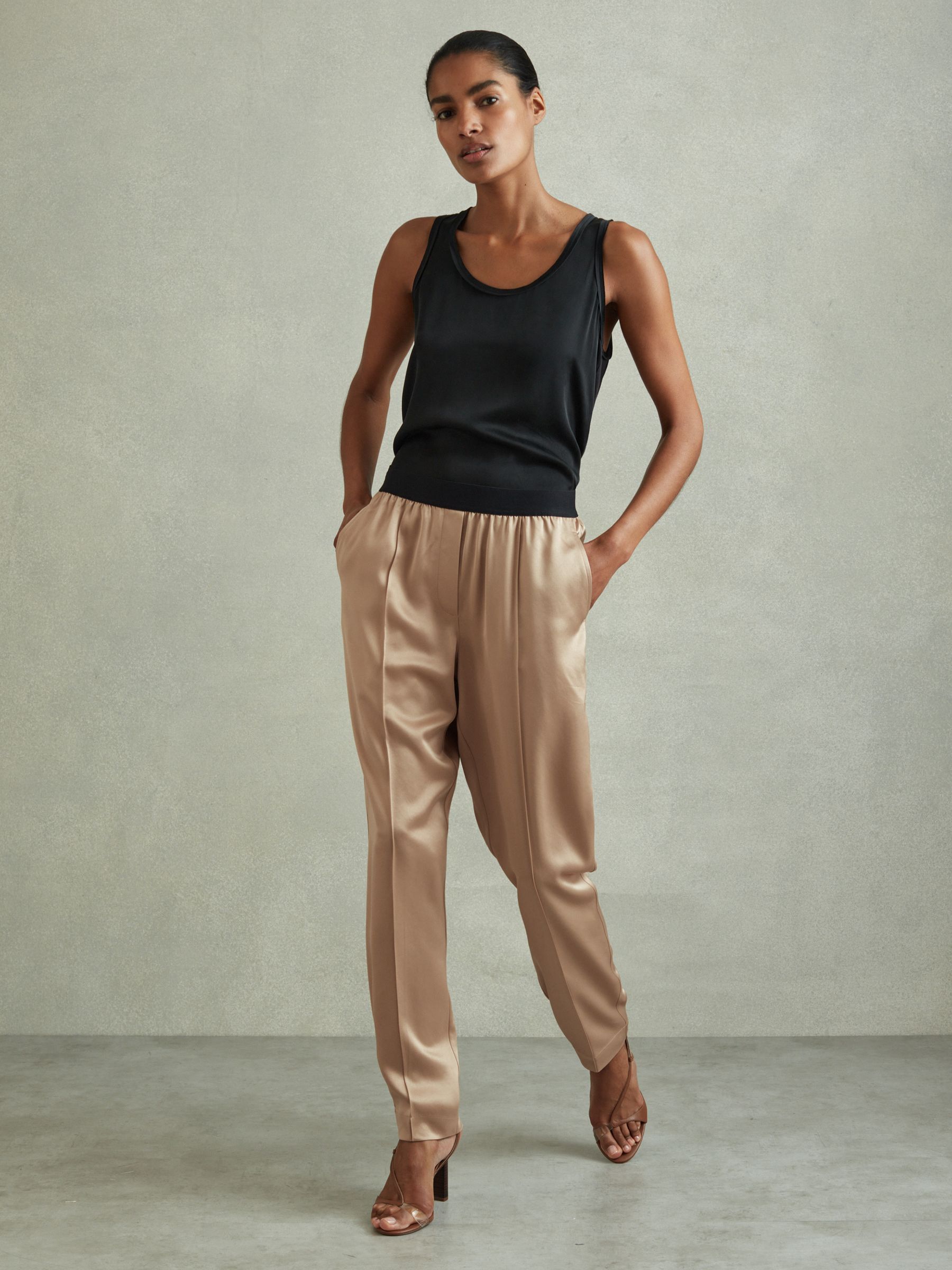 Elea Champagne Satin Elasticated Tapered Trousers - Image 3 of 6