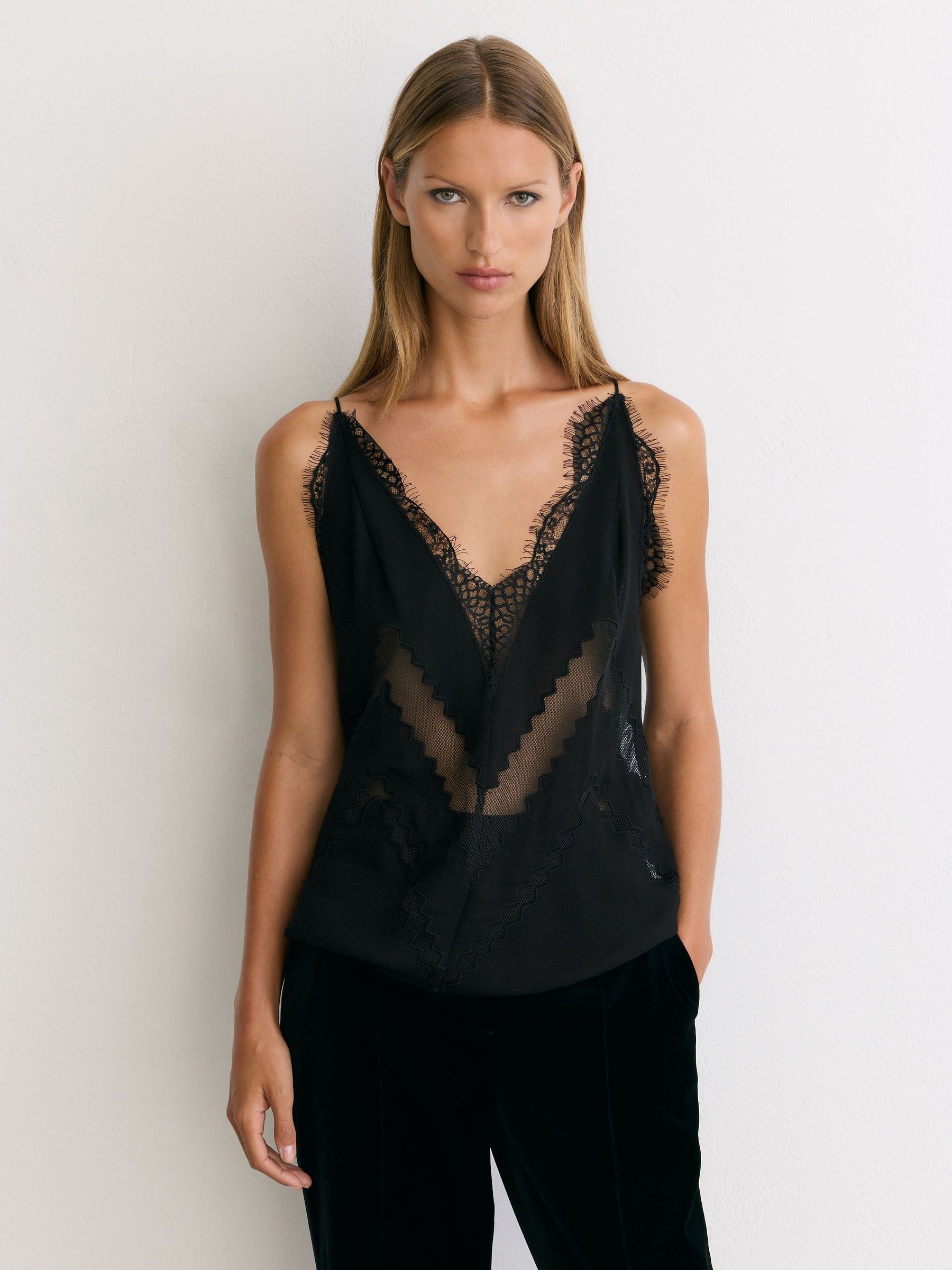 Lace-Trim Mesh-Detail Cami Top in Black - Image 4 of 8