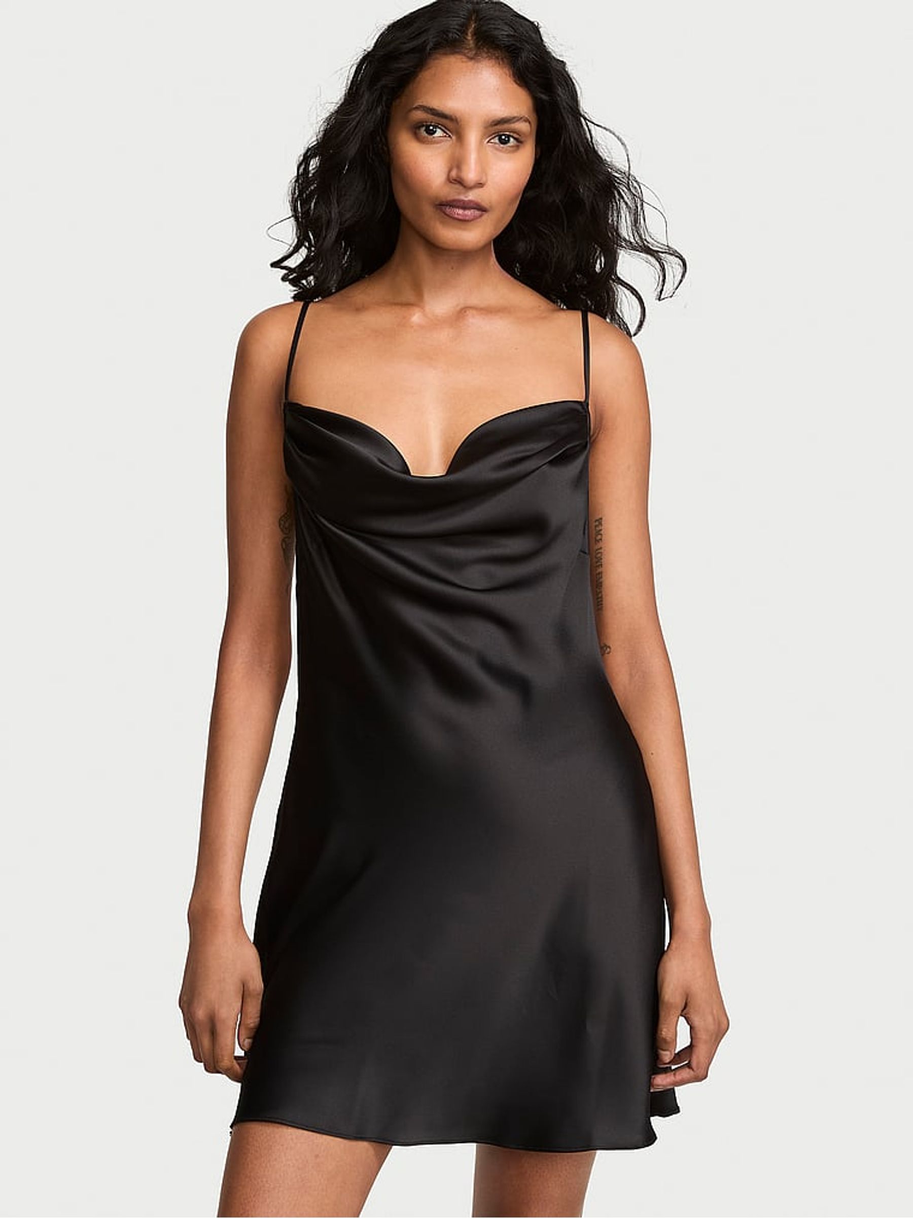 Black Satin Draped Low Back Mini Slip Dress - Image 1 of 2 Black Satin Draped Low Back Mini Slip Dress - Image 1 of 2