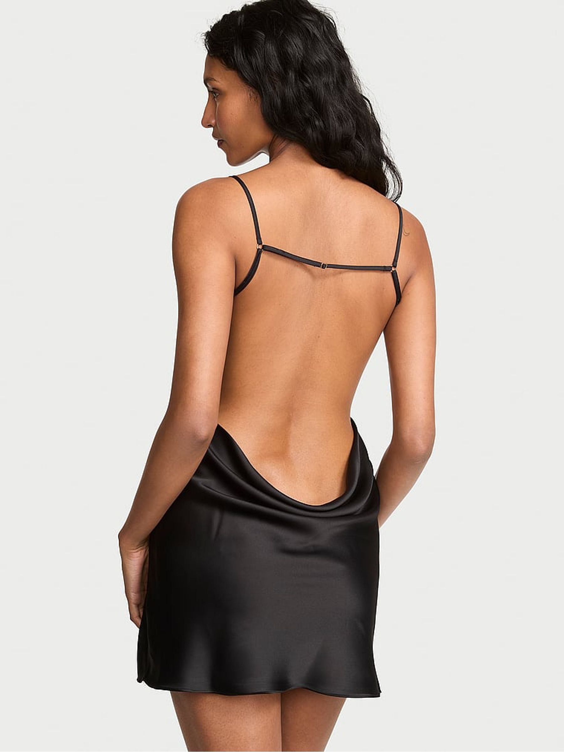 Black Satin Draped Low Back Mini Slip Dress - Image 2 of 2