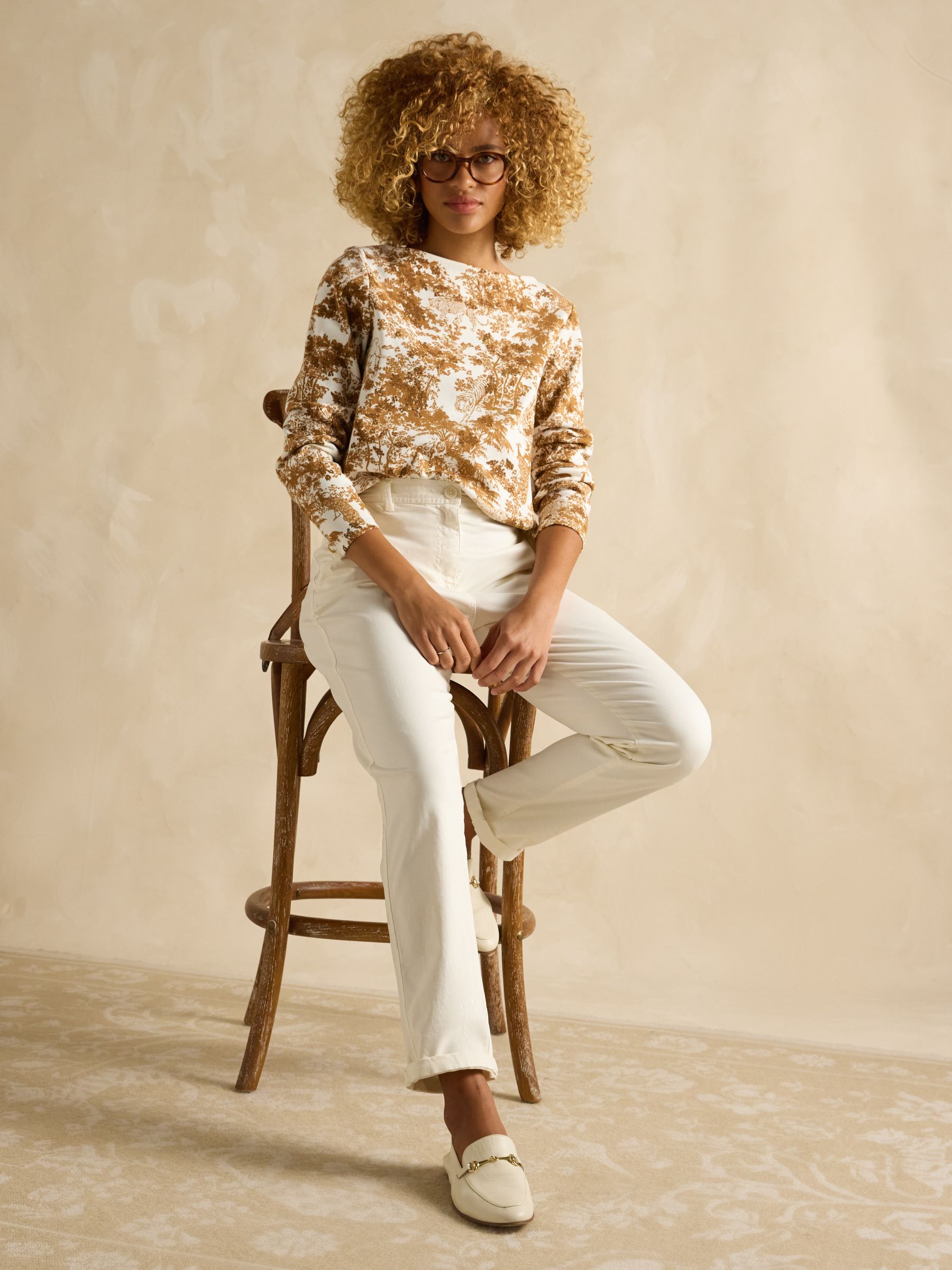 Harbour Tan & Cream Toile de Jouy Boat Neck Printed Top | Joules