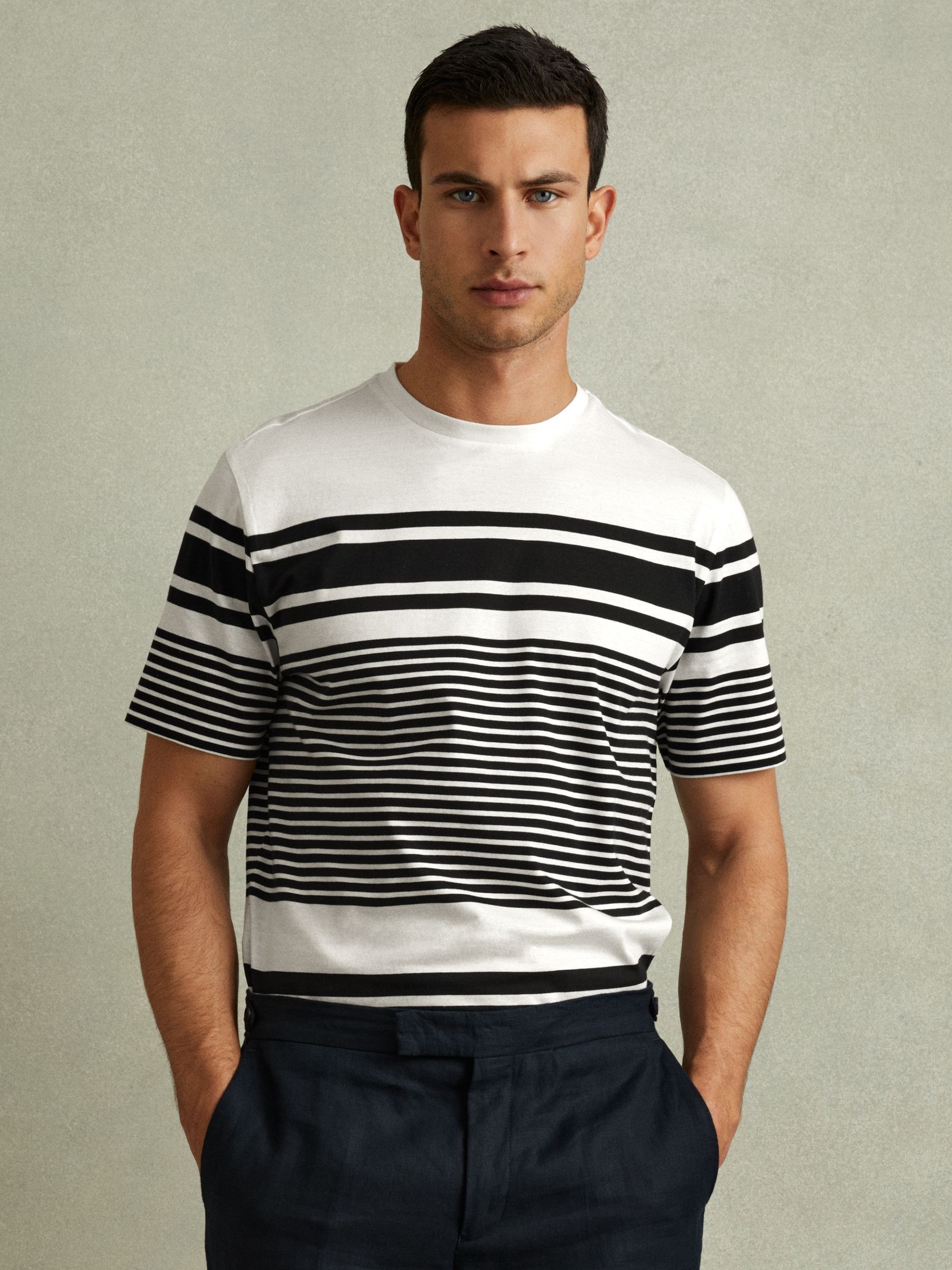 Mercerised Cotton Striped Crew Neck T-Shirt in White/Navy - Image 1 of 6