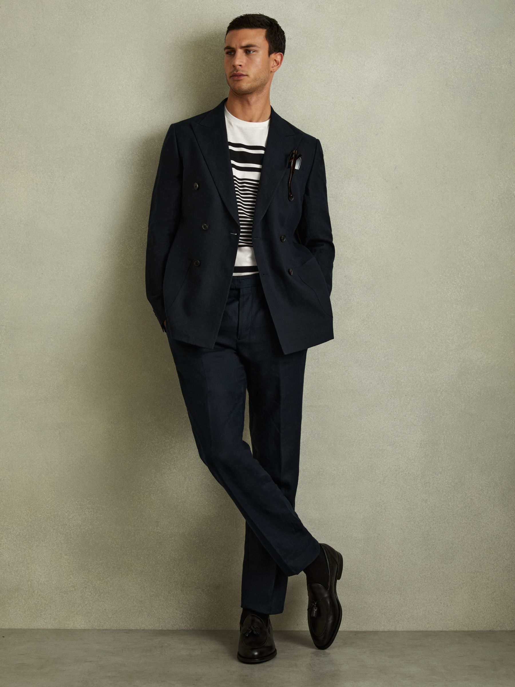 Mercerised Cotton Striped Crew Neck T-Shirt in White/Navy - Image 3 of 6