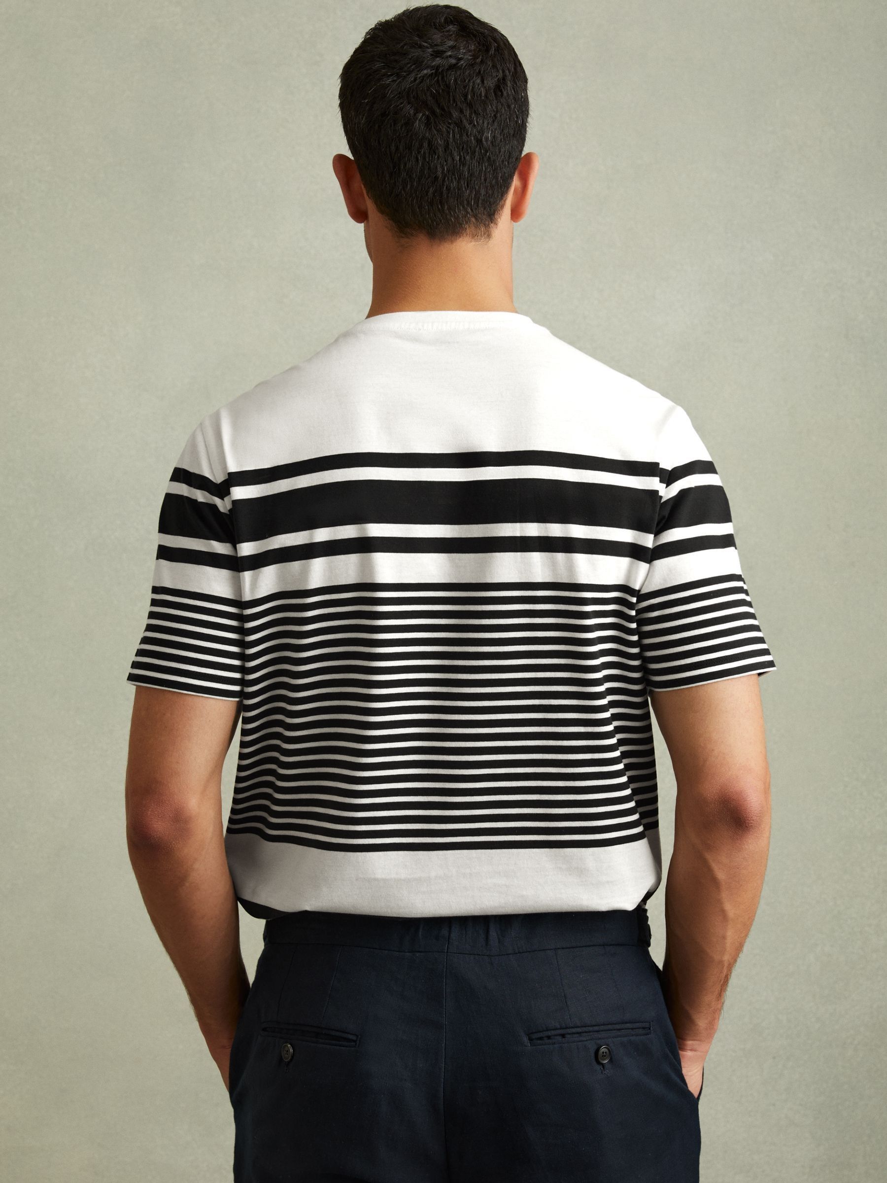 Mercerised Cotton Striped Crew Neck T-Shirt in White/Navy - Image 5 of 6