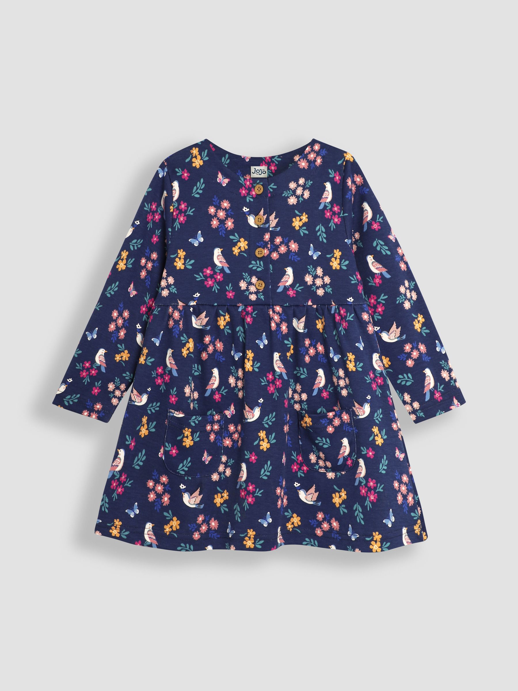 Navy Blue Bird & Butterfly Button Front Dress - Image 1 of 4