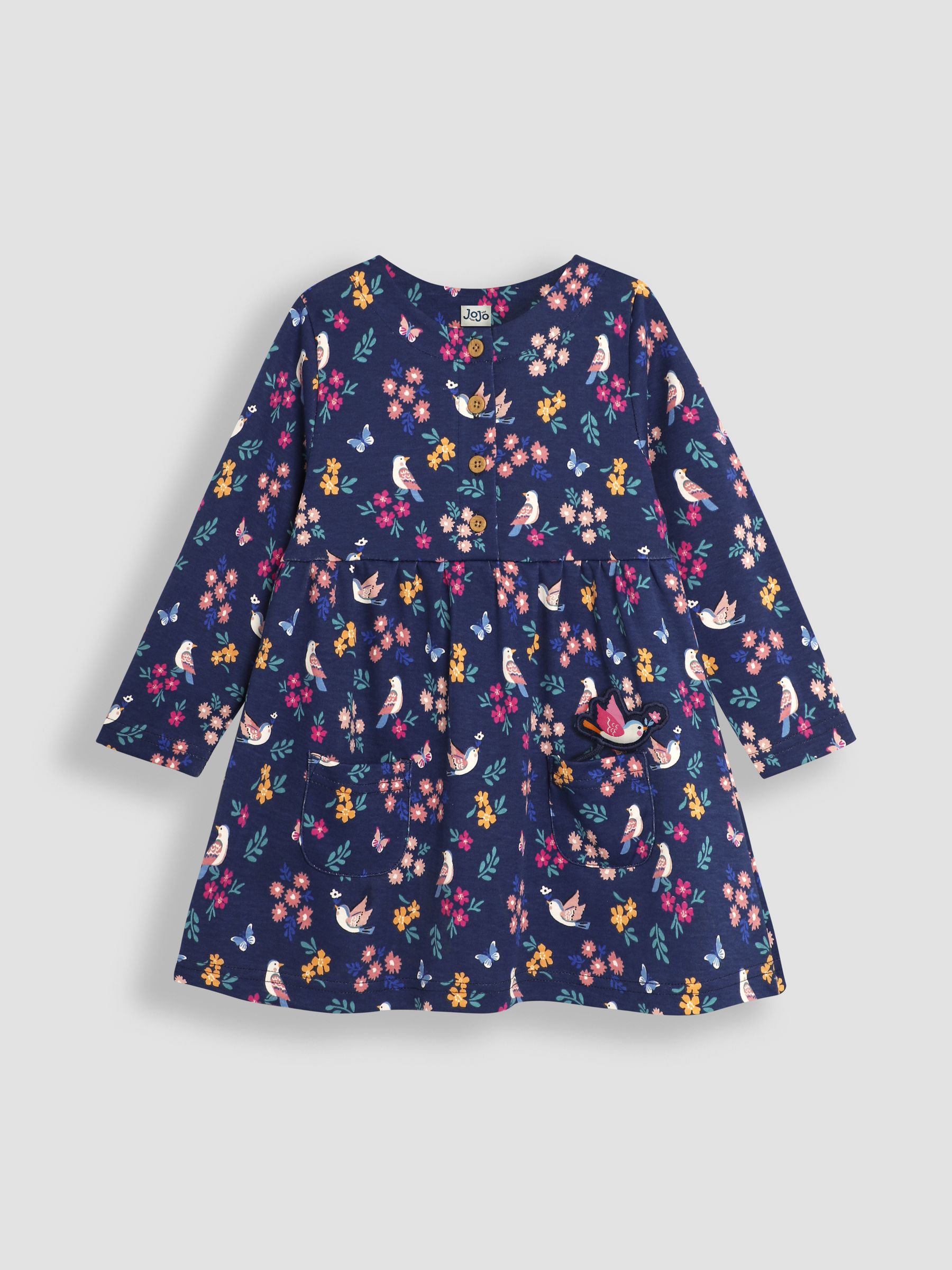 Navy Blue Bird & Butterfly Button Front Dress - Image 3 of 4