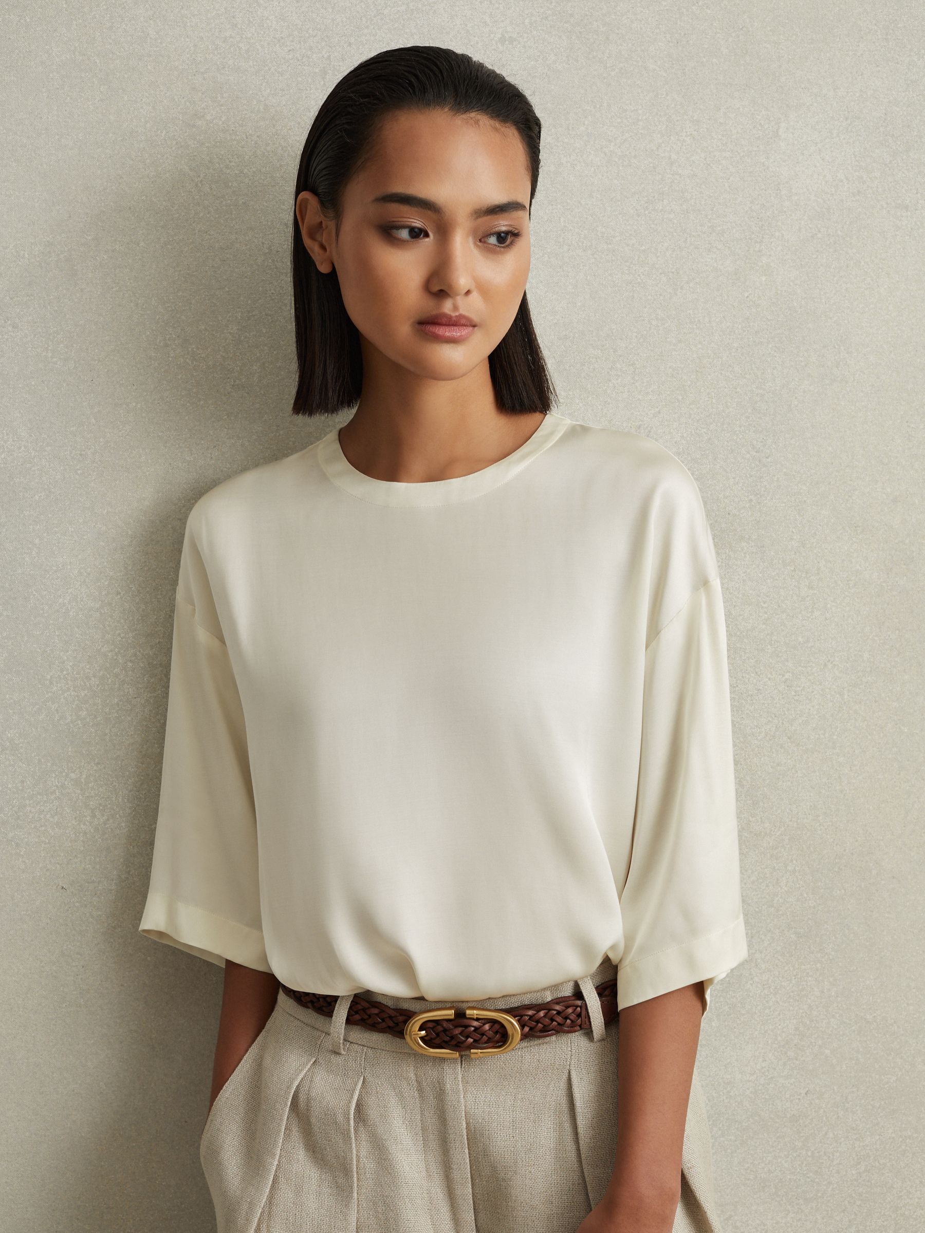 Relaxed Satin Blouse in Ivory - Image 3 of 7