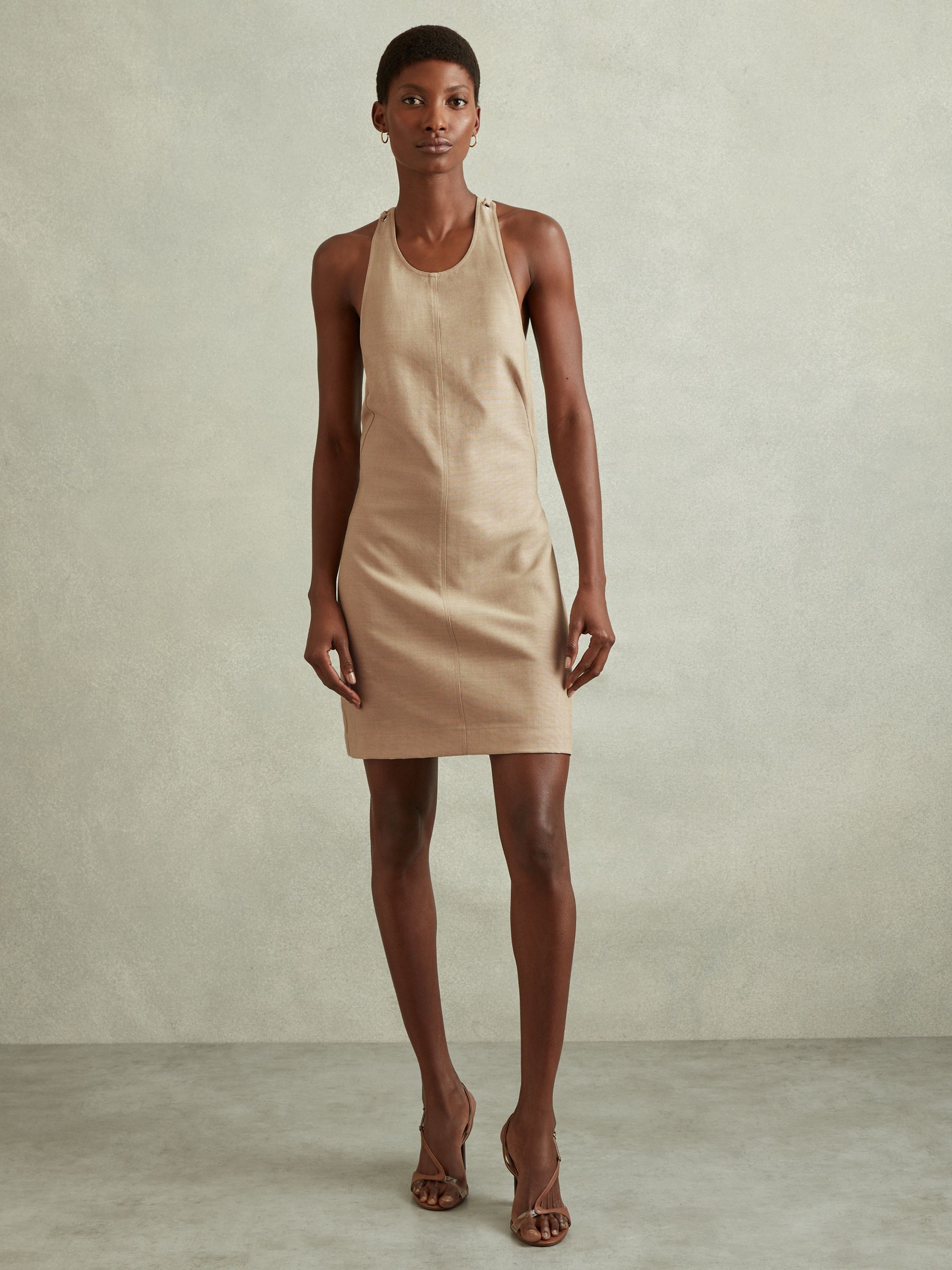 Wool Strappy Tie Back Mini Dress in Neutral - Image 1 of 5