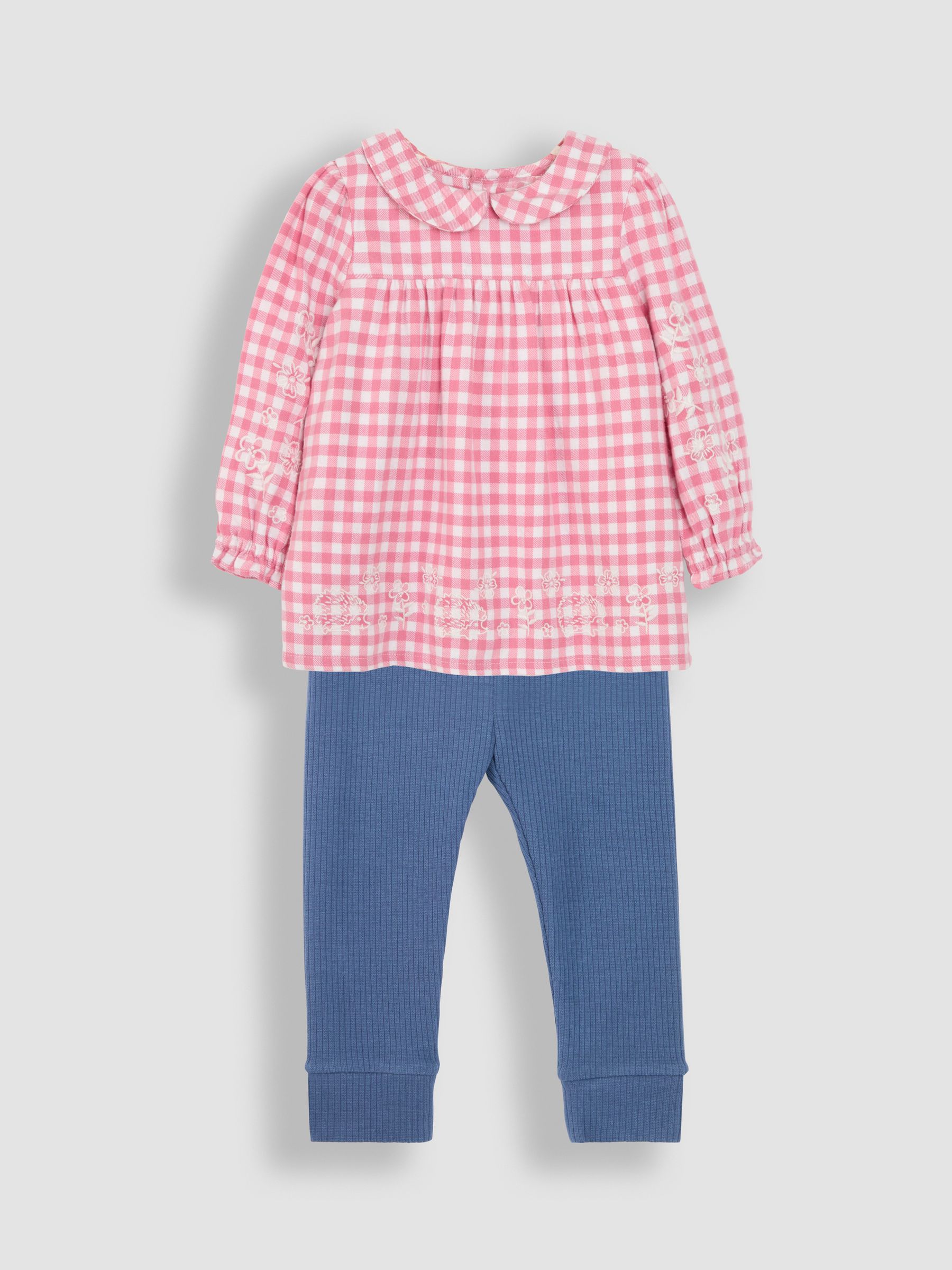 Pink Hedgehog Embroidered Gingham Blouse and Leggings Set - Image 1 of 7