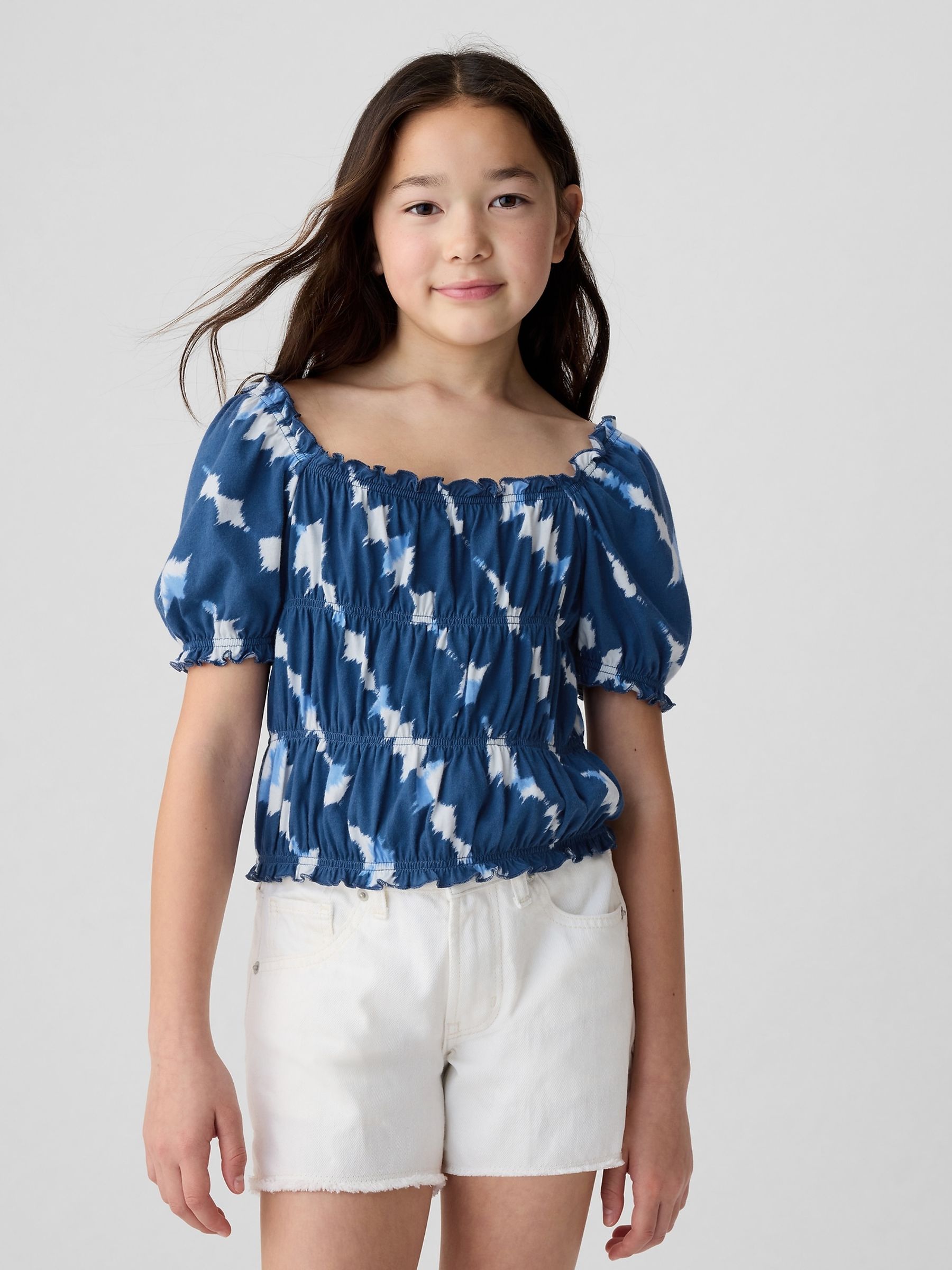 Blue Tie Dye Square Neck Puff Sleeve Smocked Top (4-13yrs) - Image 2 of 4