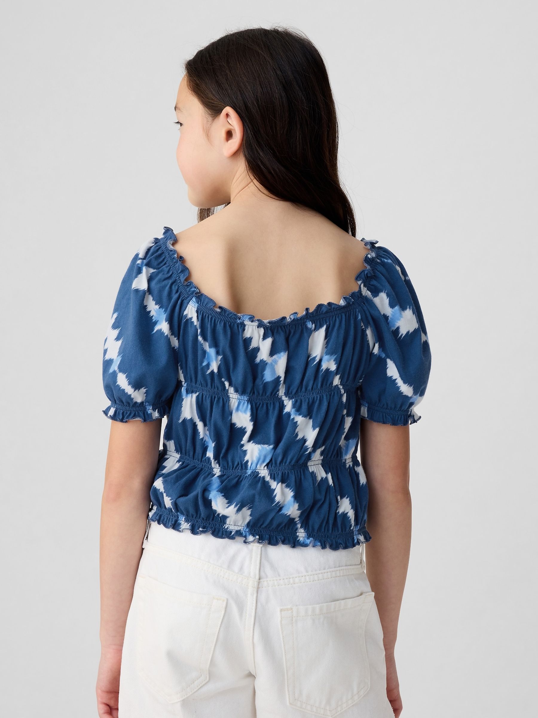 Blue Tie Dye Square Neck Puff Sleeve Smocked Top (4-13yrs) - Image 3 of 4