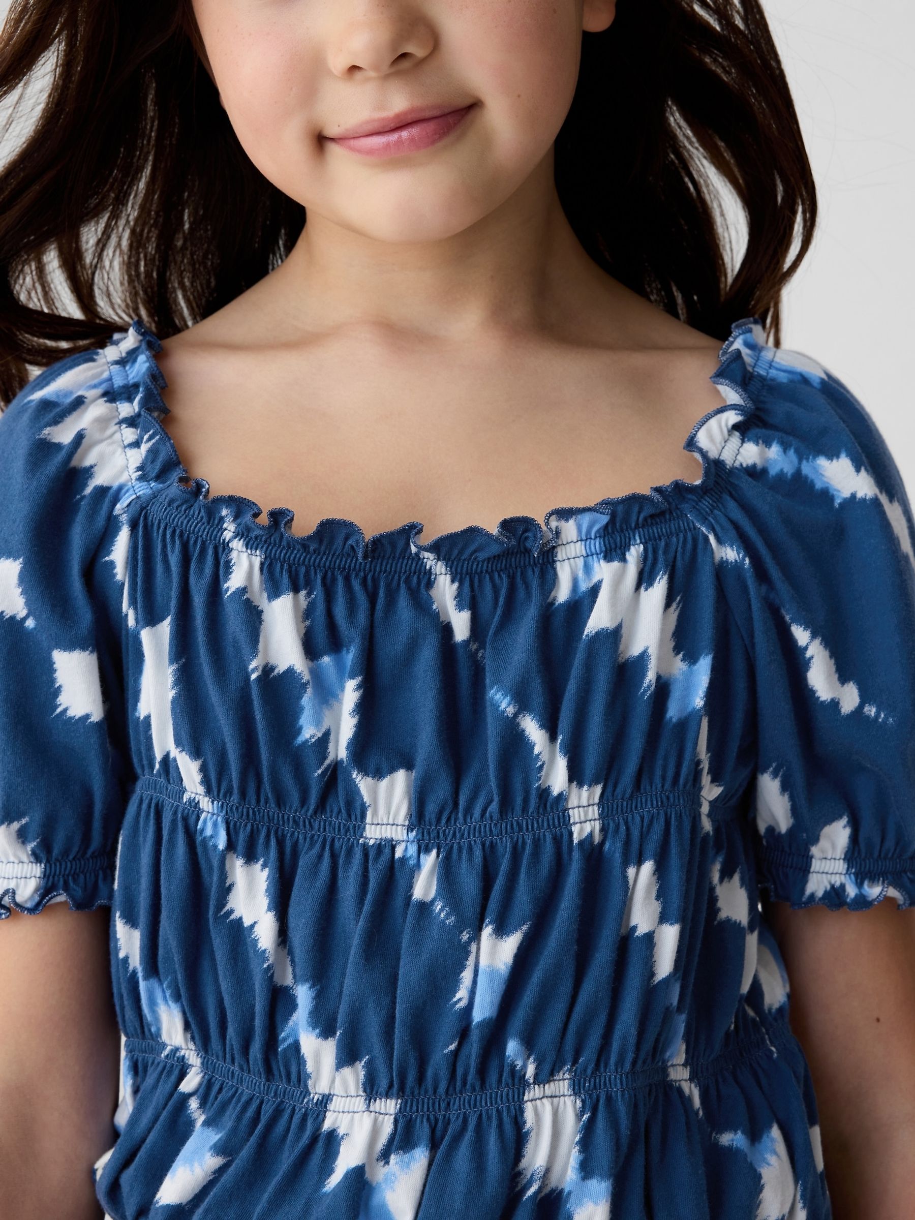Blue Tie Dye Square Neck Puff Sleeve Smocked Top (4-13yrs) - Image 4 of 4