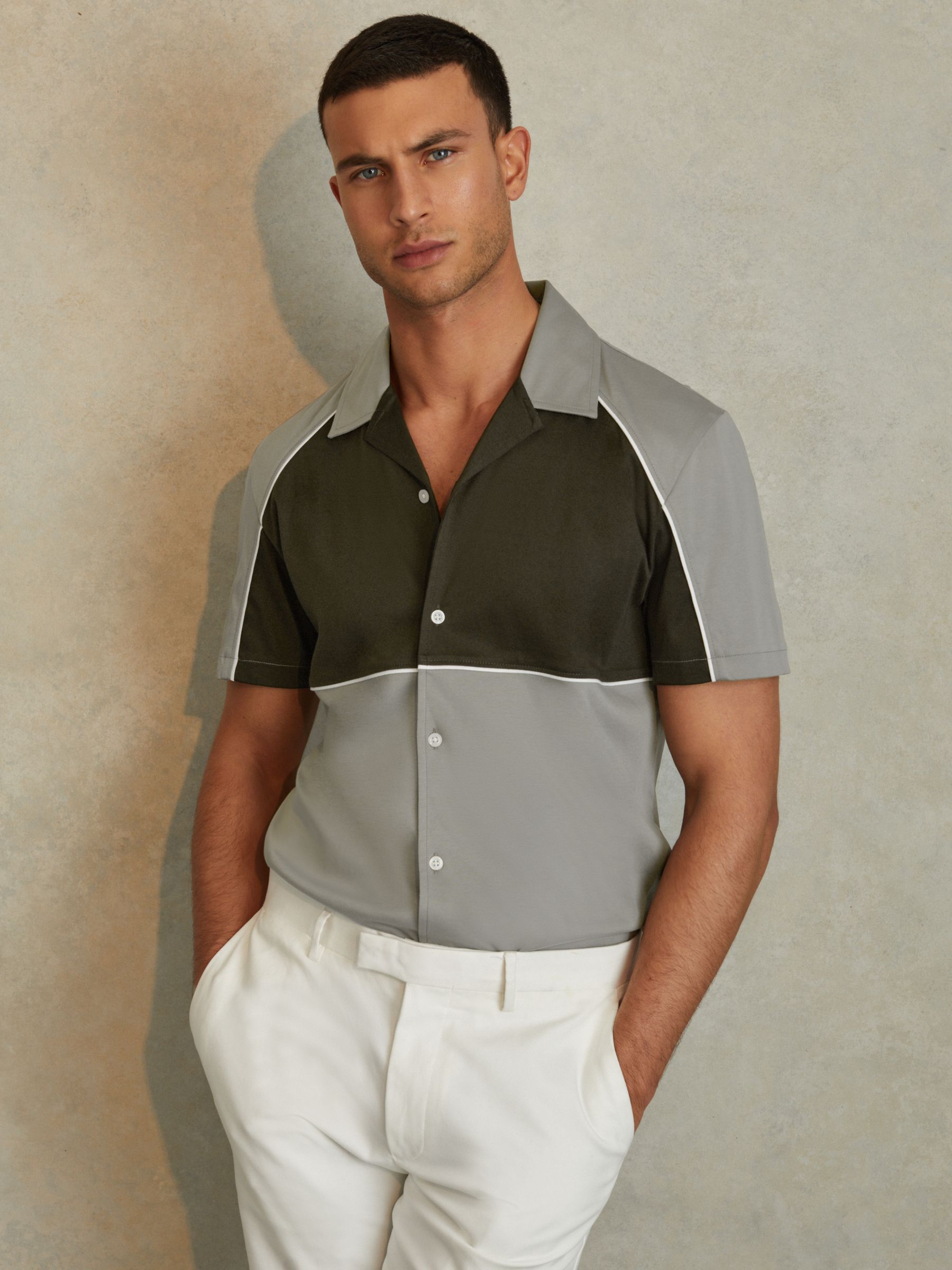 Mercerised Cotton Colourblock Cuban Collar Shirt in Sage Green - Image 1 of 5