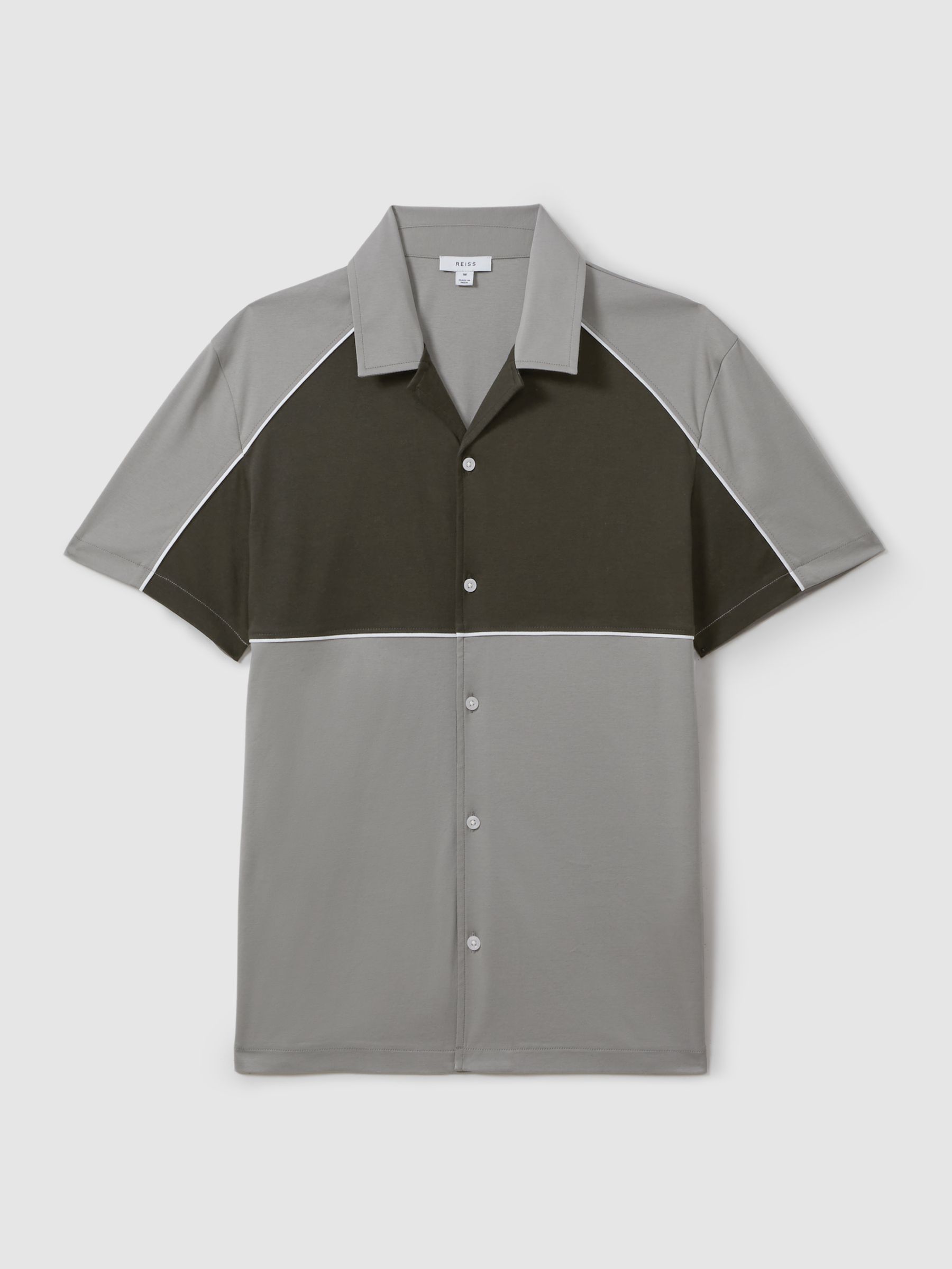 Mercerised Cotton Colourblock Cuban Collar Shirt in Sage Green - Image 2 of 5