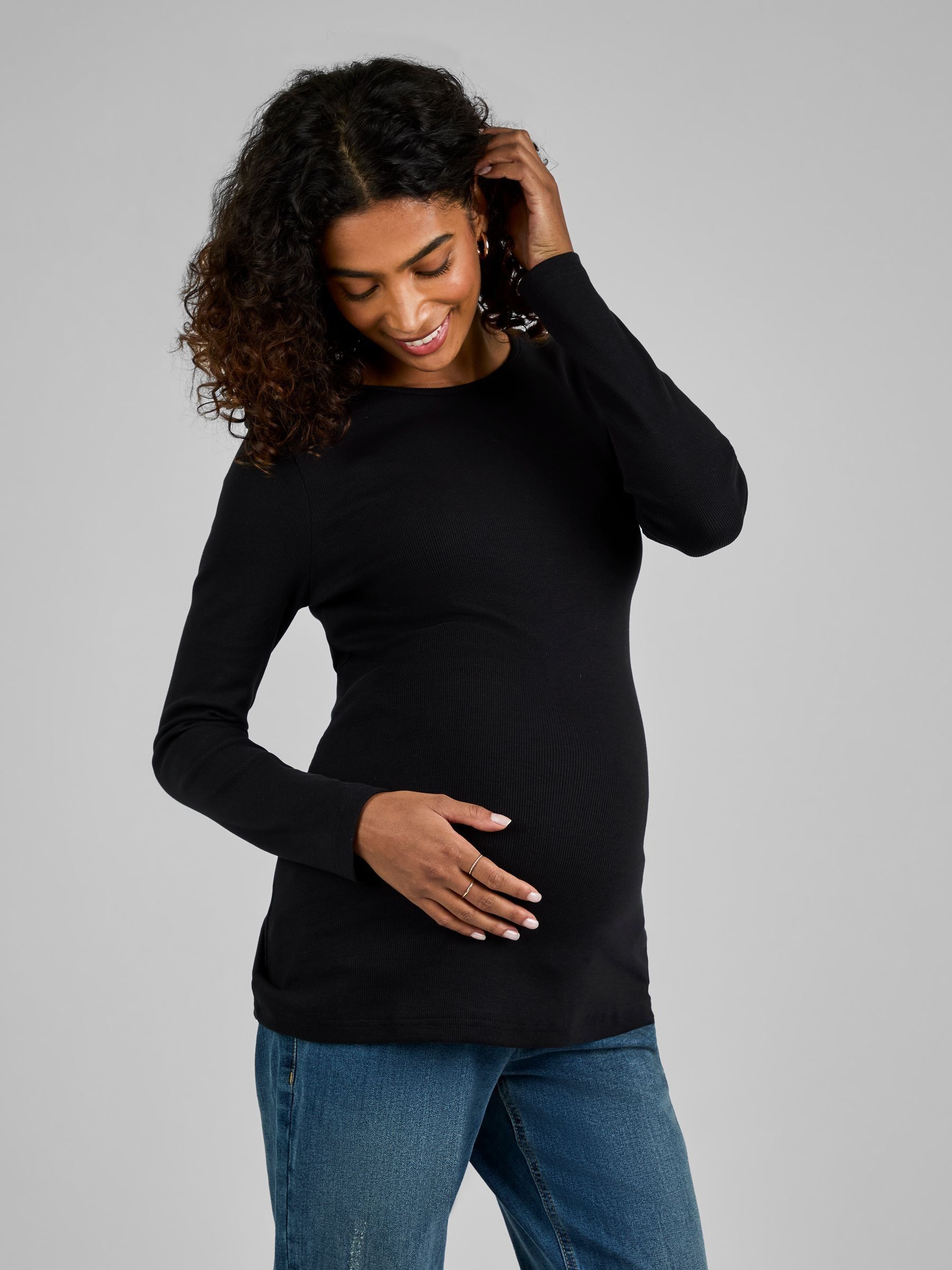 Oatmeal Cream & Black 2-Pack Ribbed Jersey Maternity Tops - Image 2 of 11