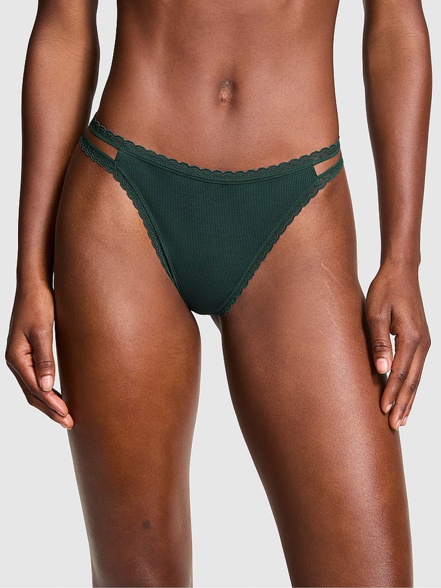 Deep Forest Green Rib Strappy Lace Trim Thong Knickers - Image 1 of 1