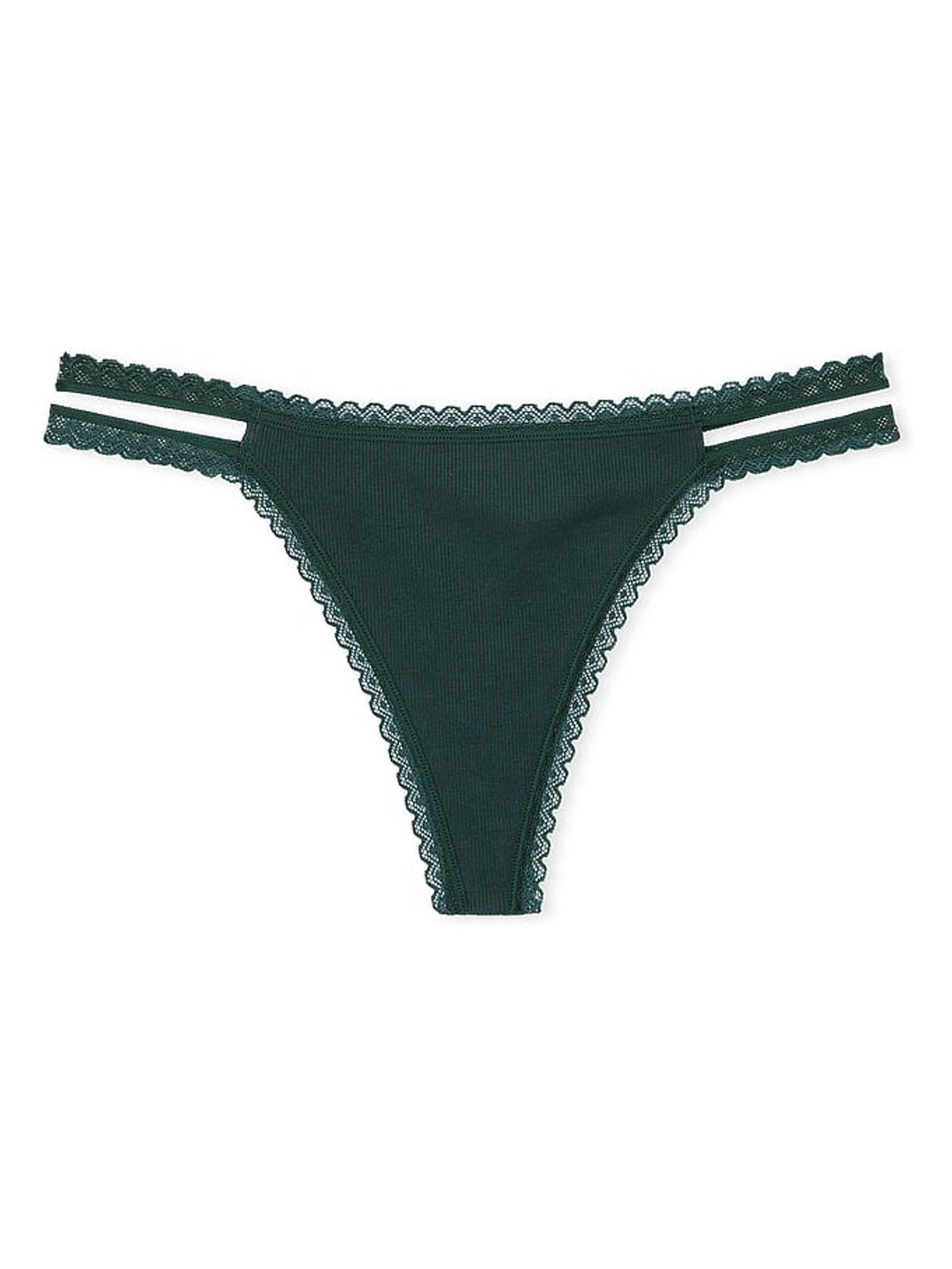 Deep Forest Green Rib Strappy Lace Trim Thong Knickers - Image 3 of 3