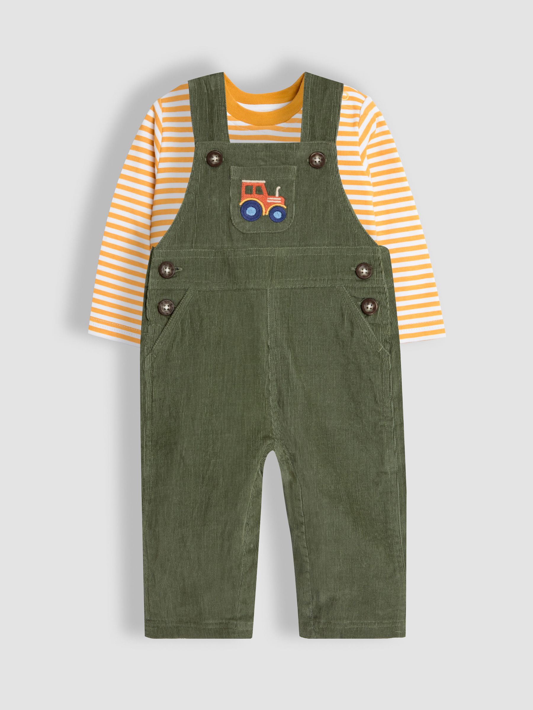 Khaki Green Tractor Cotton Embroidered Pocket Dungarees And Top - Image 1 of 6