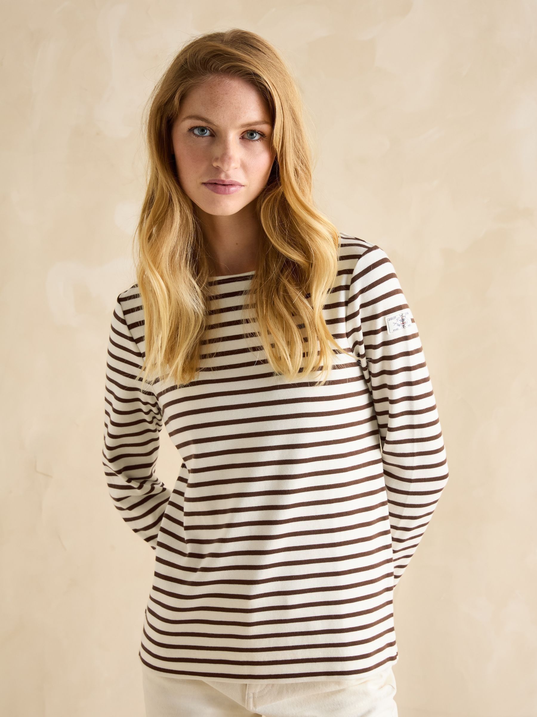 Harbour Brown/Cream Boat Neck 100% Cotton Breton Top - Image 1 of 6