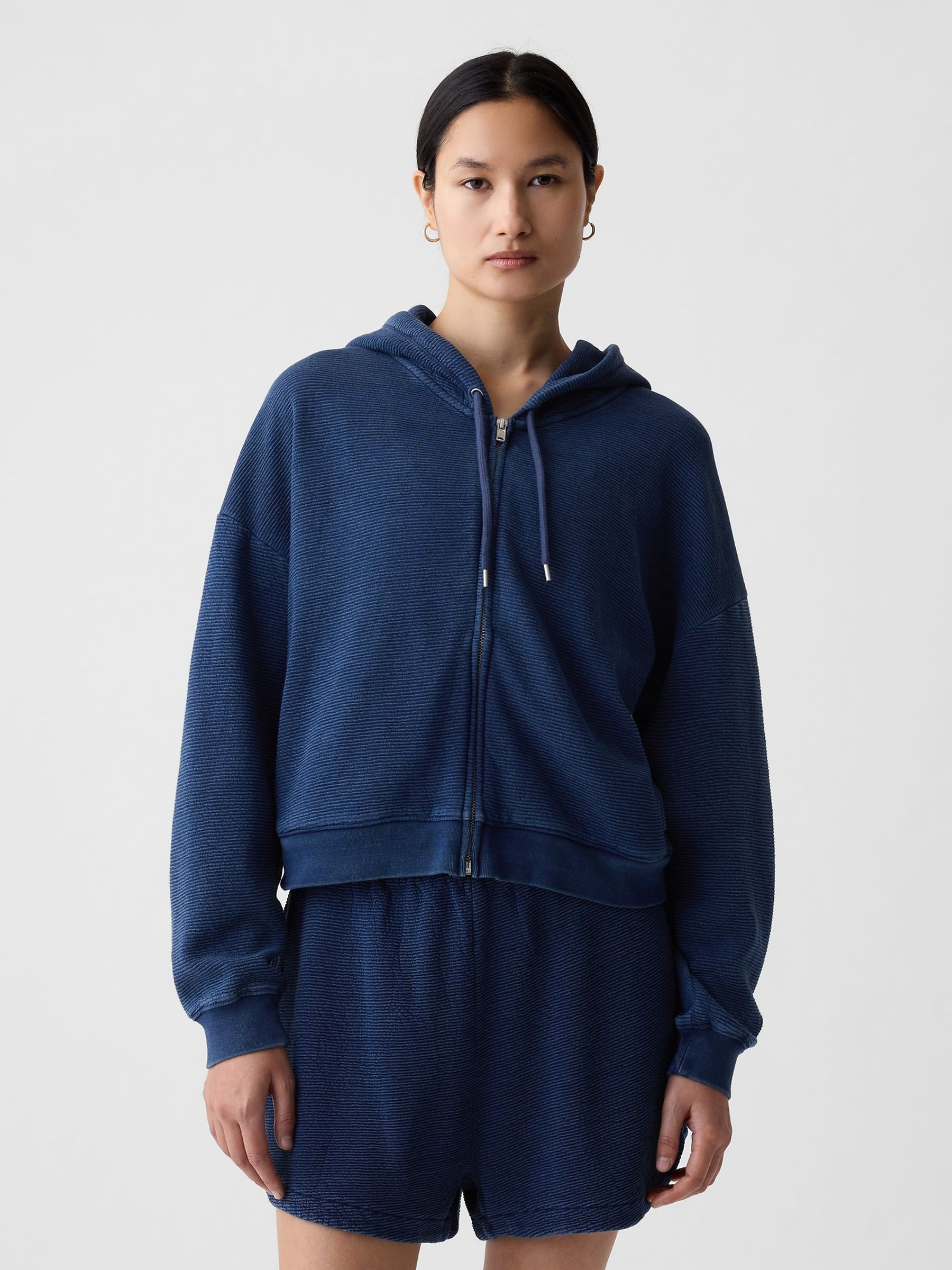 Blue Cotton Textured Zip Up Cropped Hoodie - Image 2 of 4