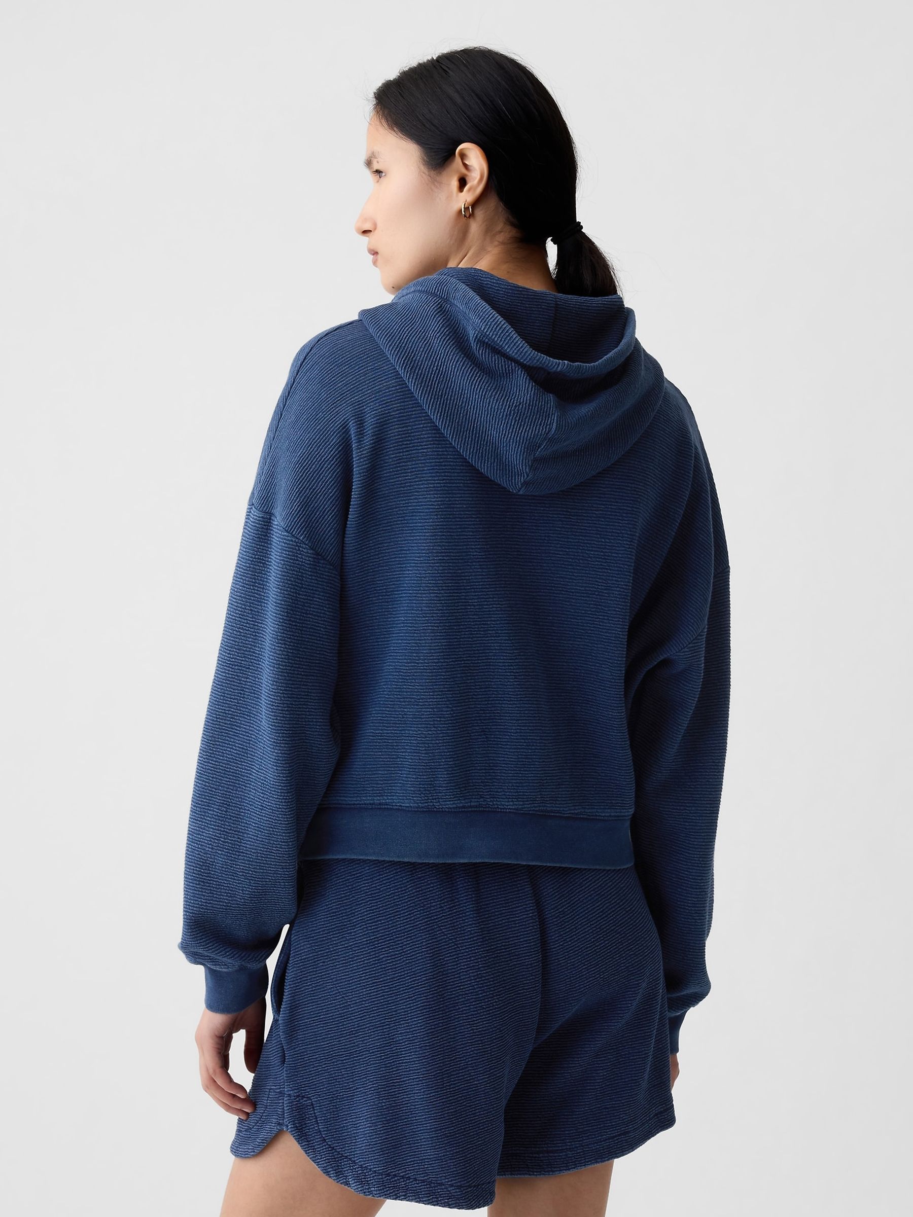 Blue Cotton Textured Zip Up Cropped Hoodie - Image 3 of 4