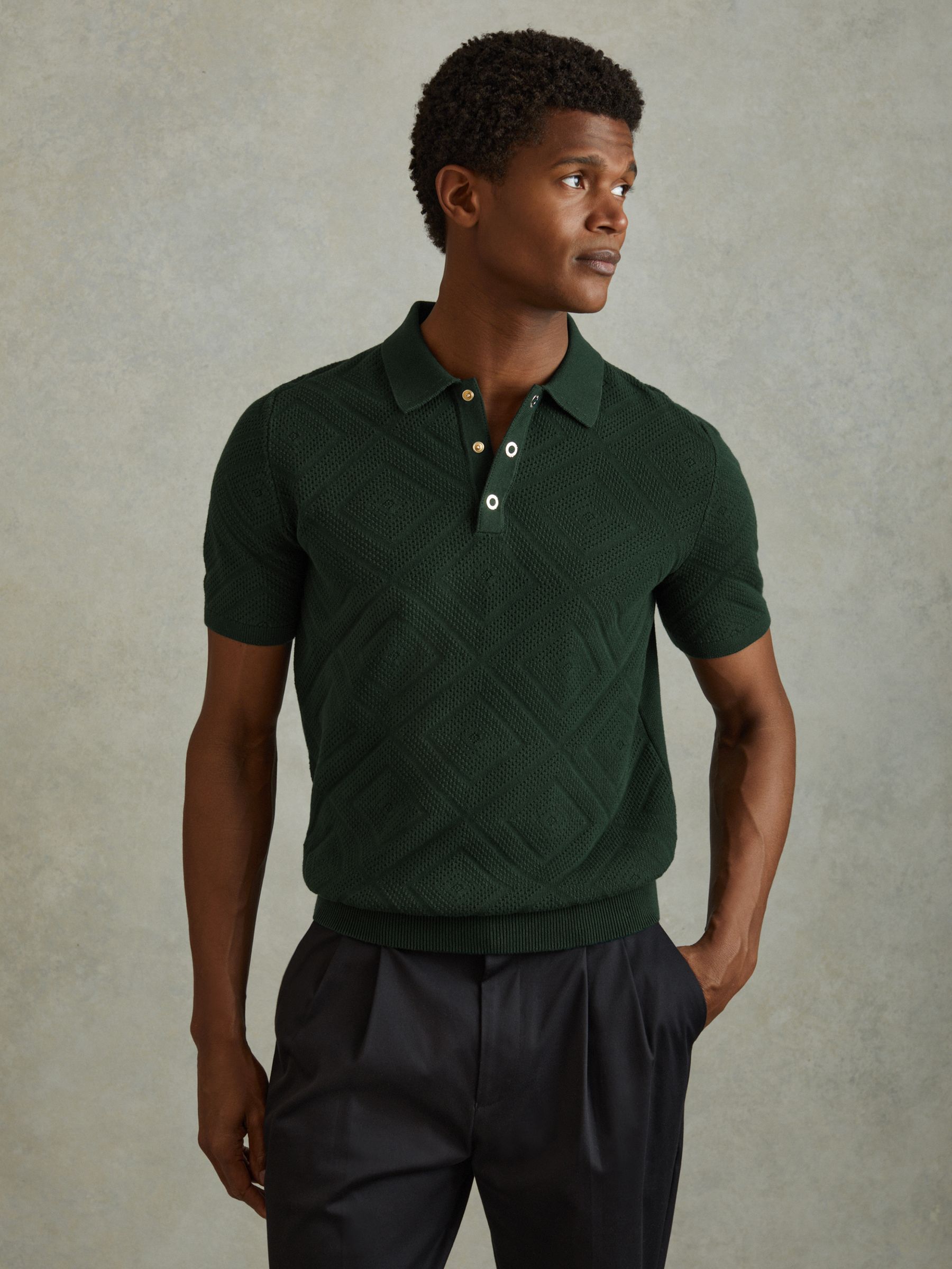 Cotton Textured Press-Stud Polo Shirt in Dark Green - Image 1 of 6