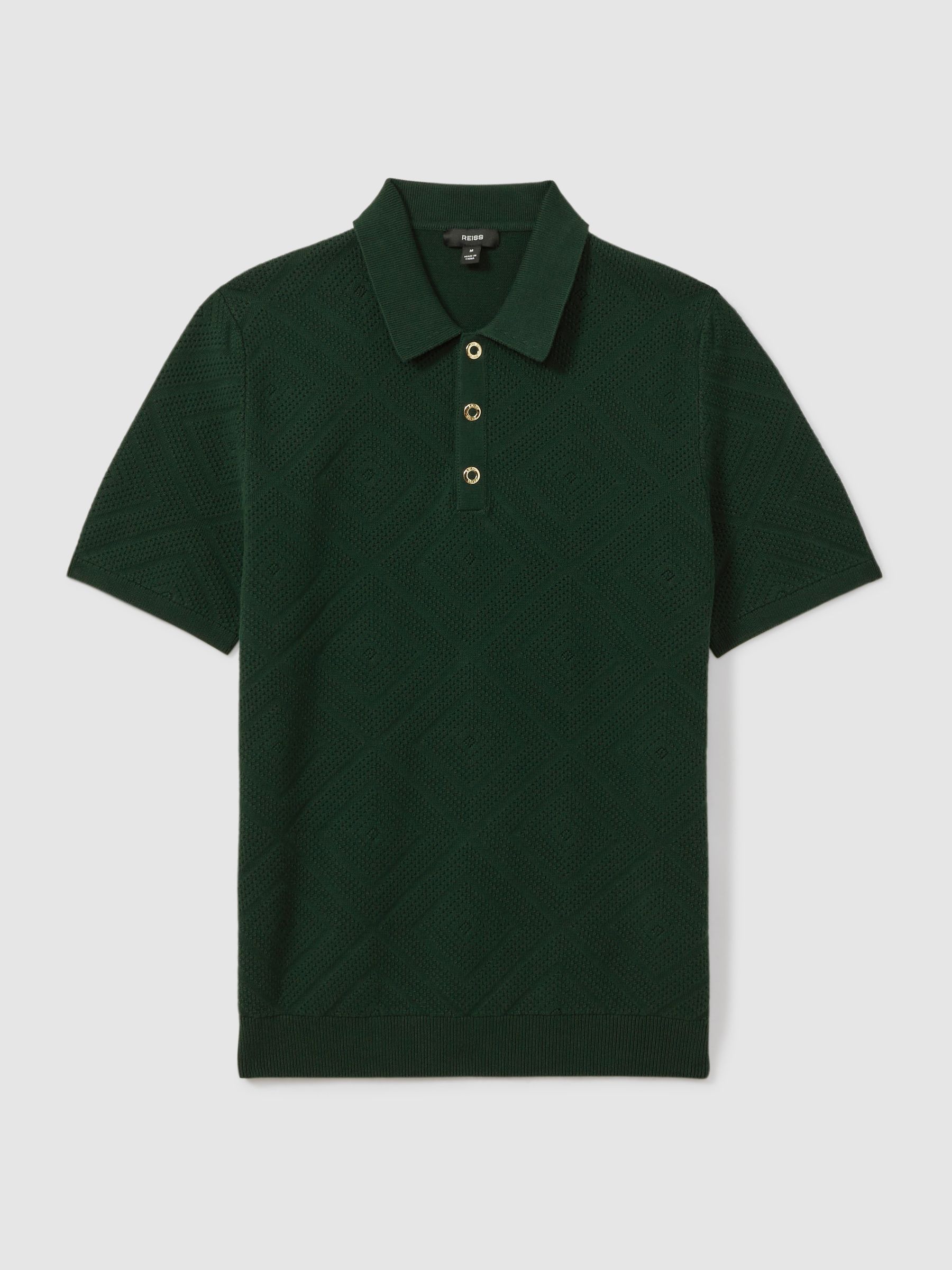 Cotton Textured Press-Stud Polo Shirt in Dark Green - Image 2 of 6