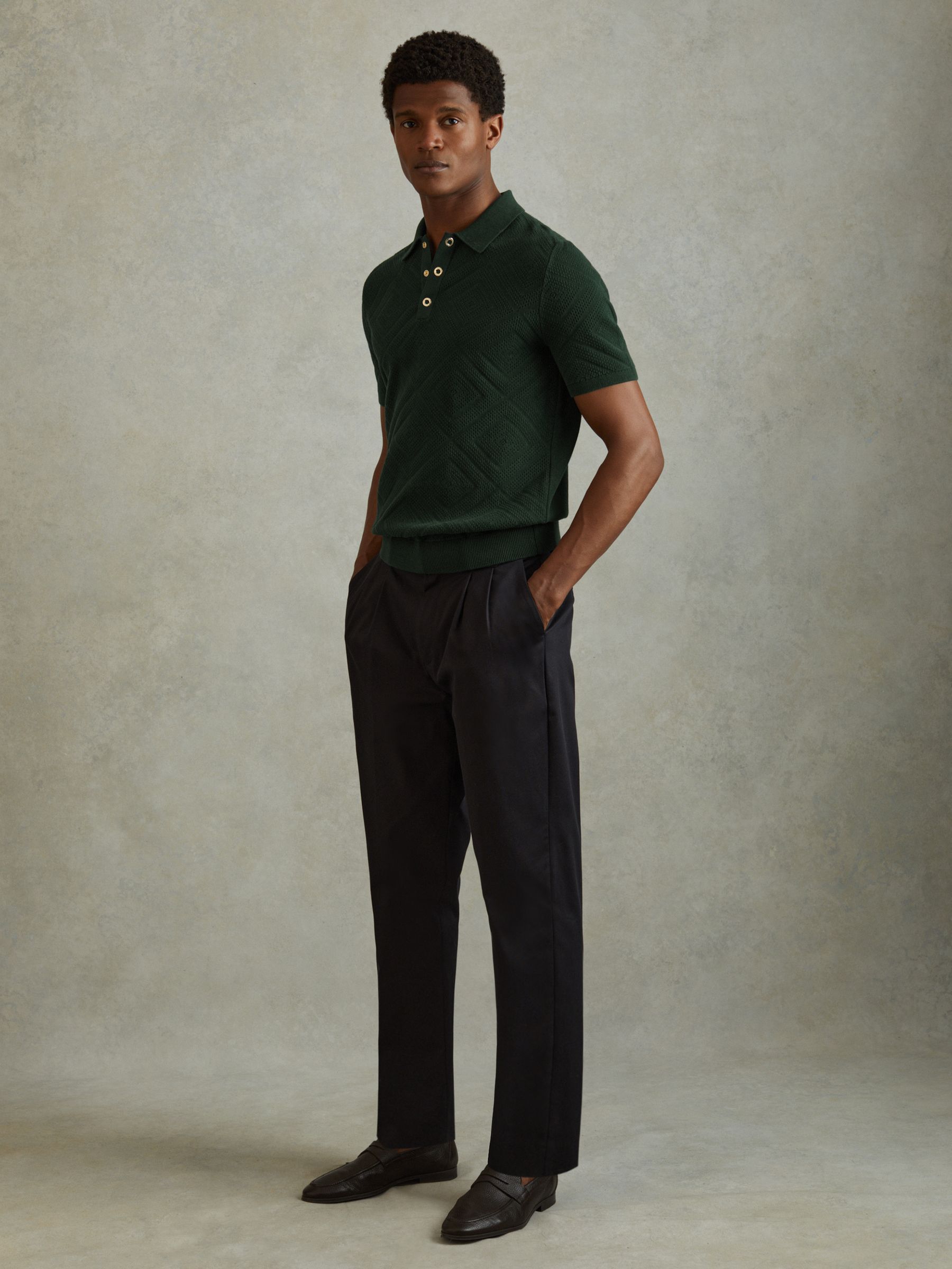 Cotton Textured Press-Stud Polo Shirt in Dark Green - Image 3 of 6