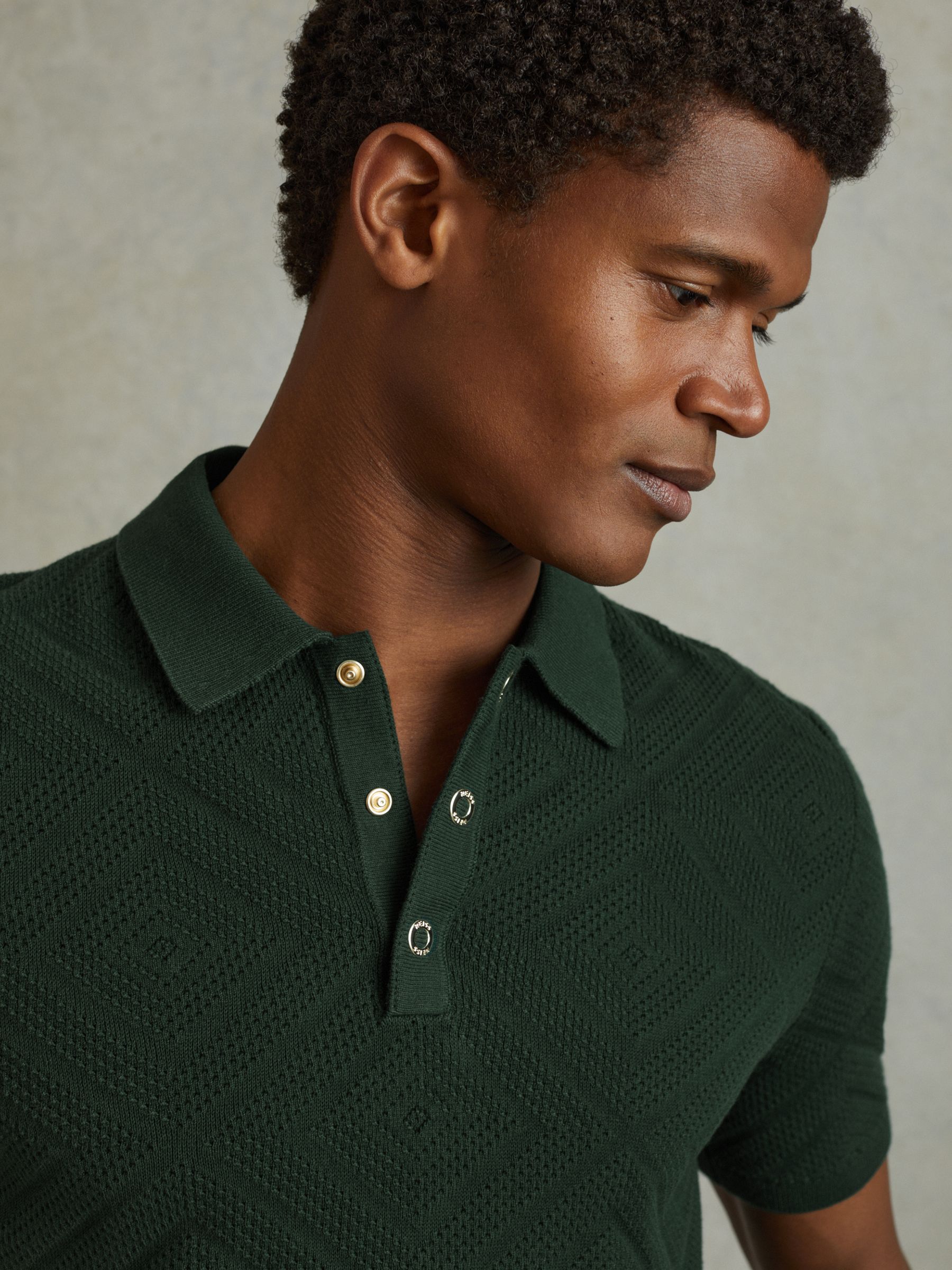 Cotton Textured Press-Stud Polo Shirt in Dark Green - Image 4 of 6
