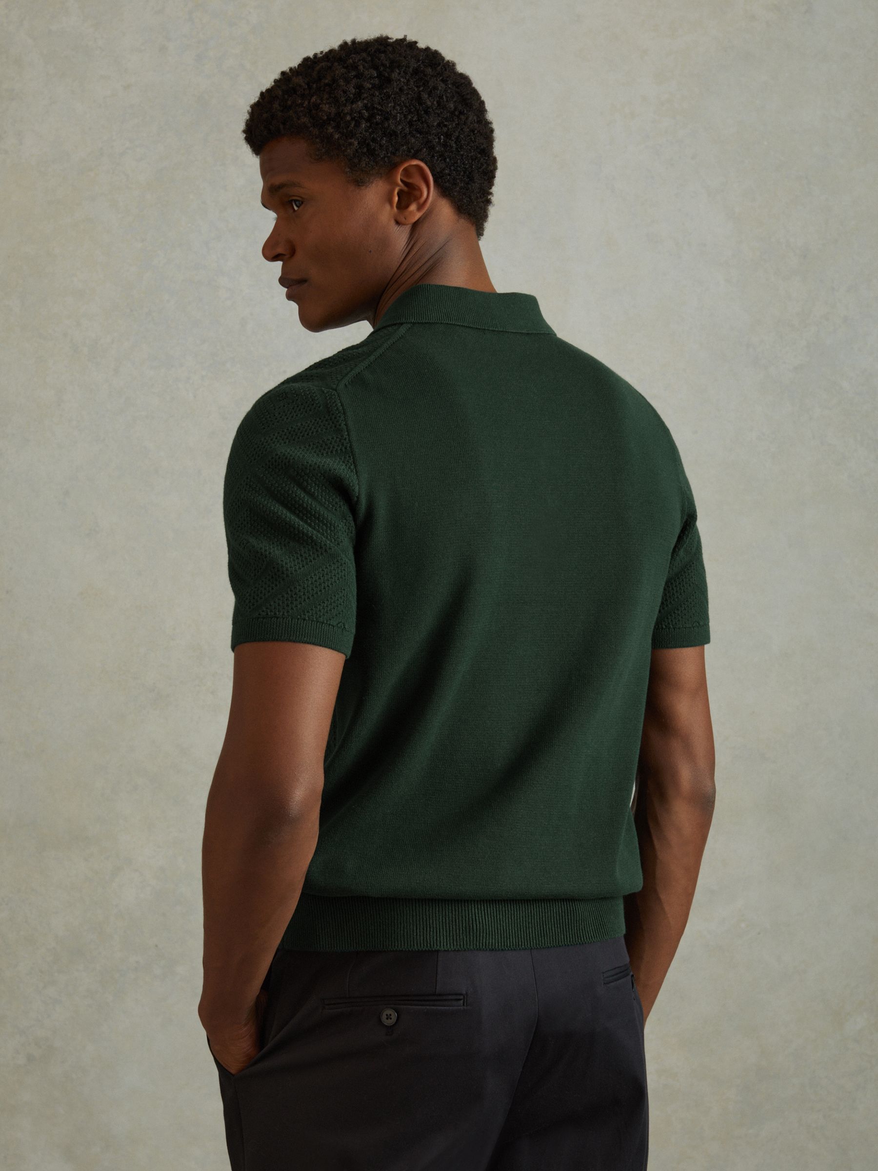 Cotton Textured Press-Stud Polo Shirt in Dark Green - Image 5 of 6