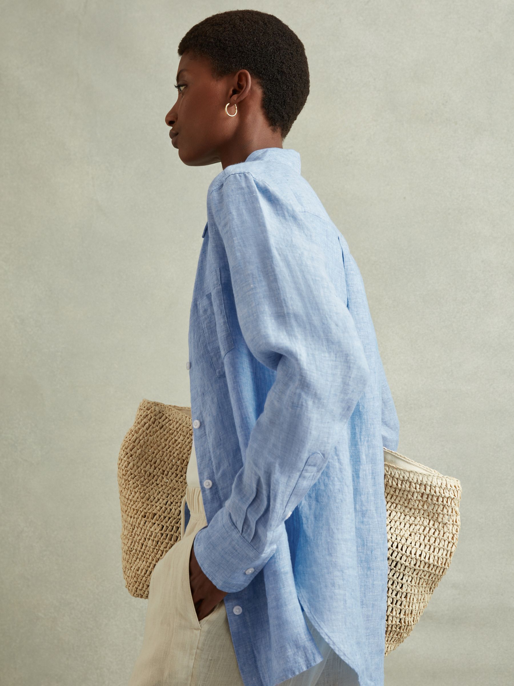Linen Button-Through Shirt in Blue - Image 3 of 5