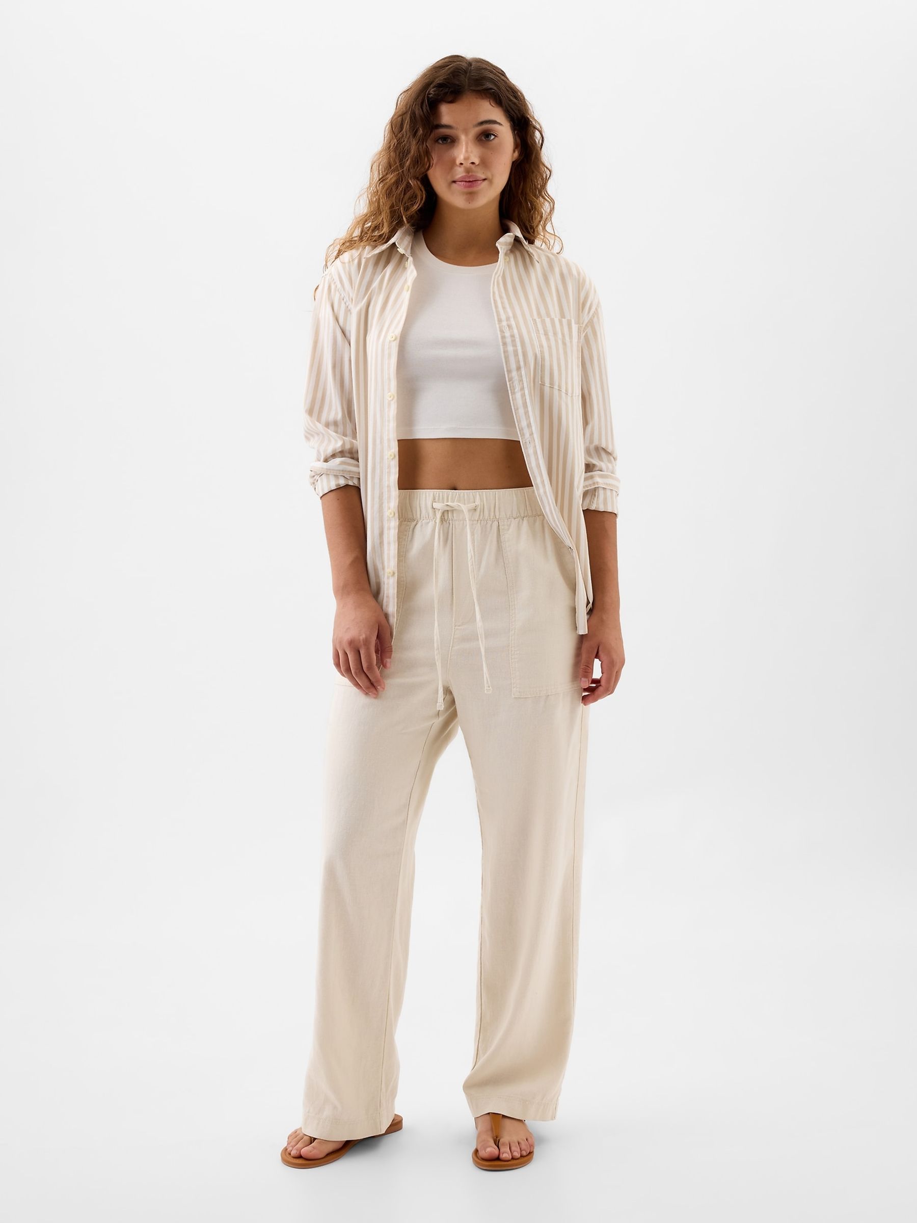 Beige Linen Blend Wide Leg Pull On Trousers Gap