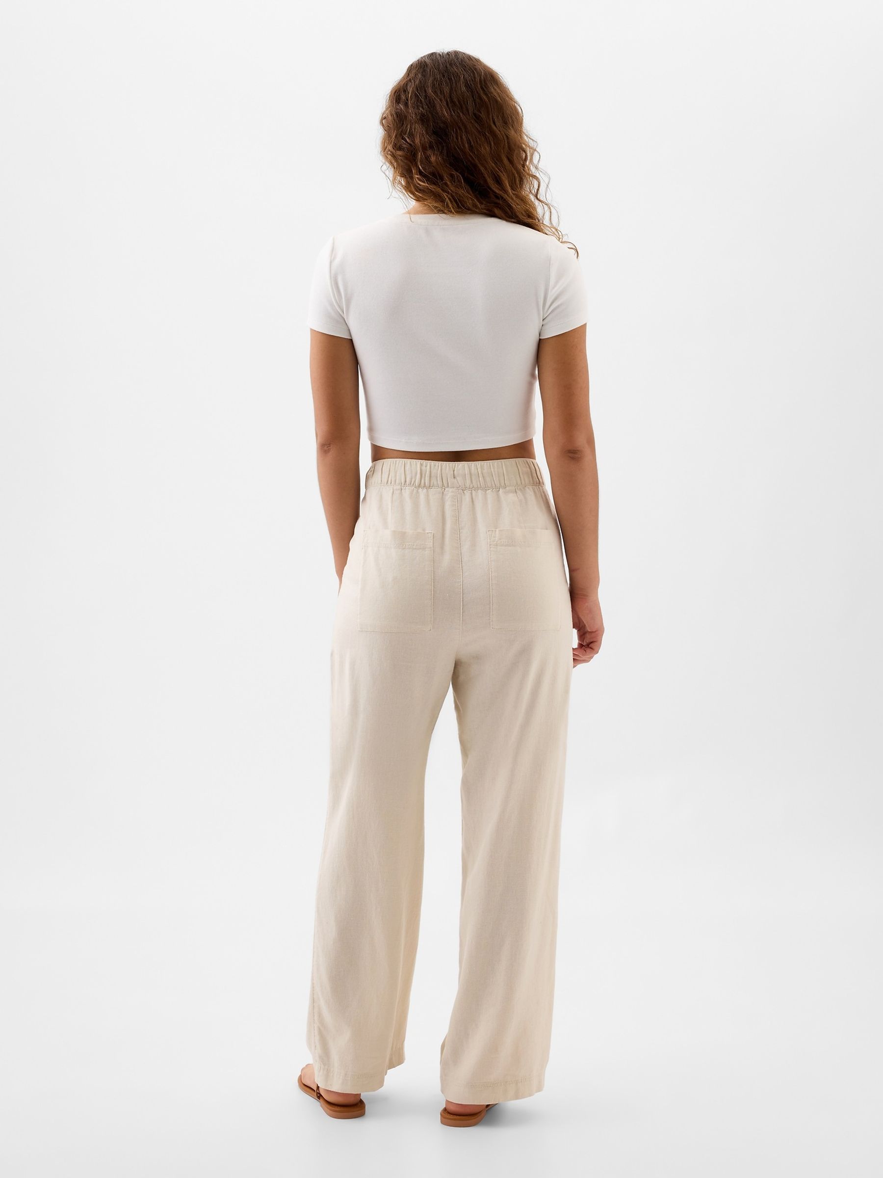 Beige Linen Blend Wide Leg Pull On Trousers - Image 2 of 3
