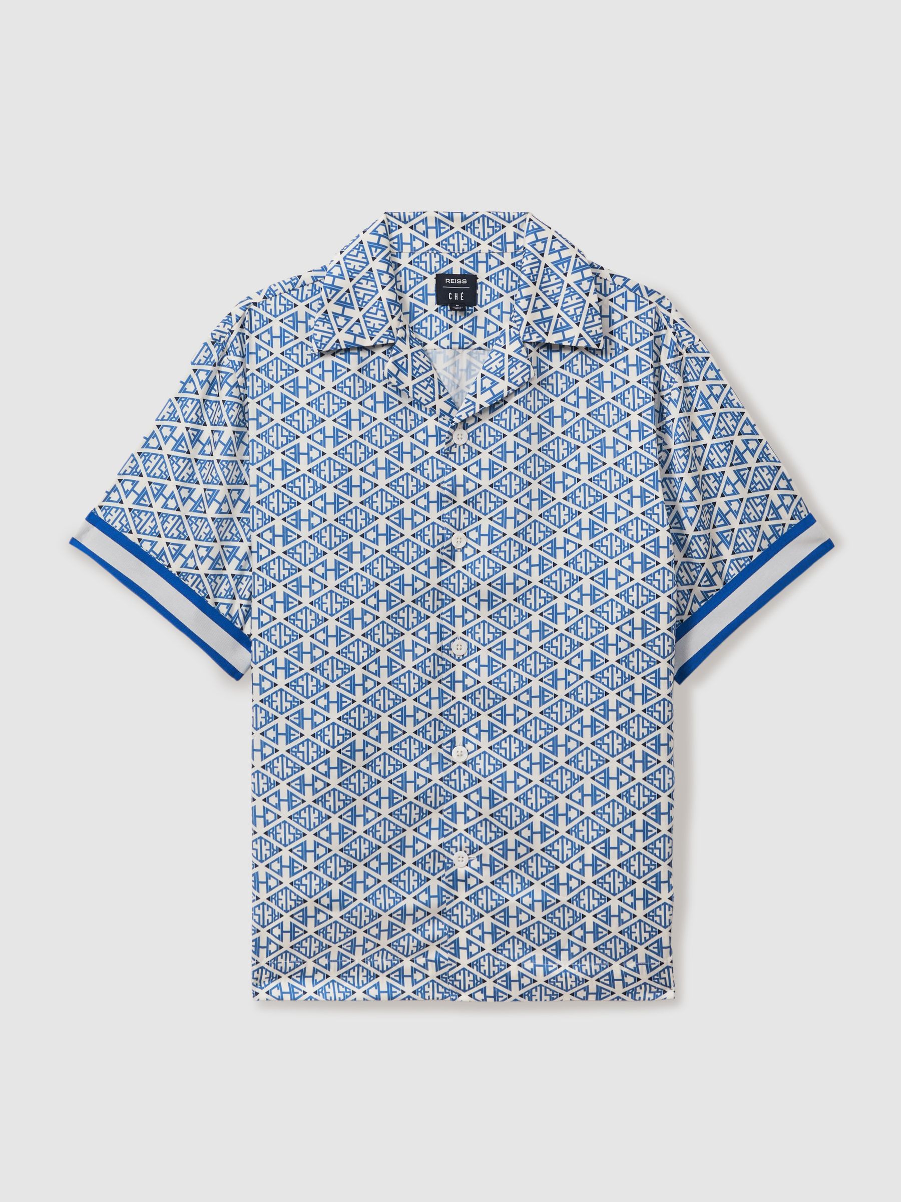 Reiss | Ché Monogram Print Cuff Detail Cuban Collar Shirt in Bright Blue/White - Image 1 of 5