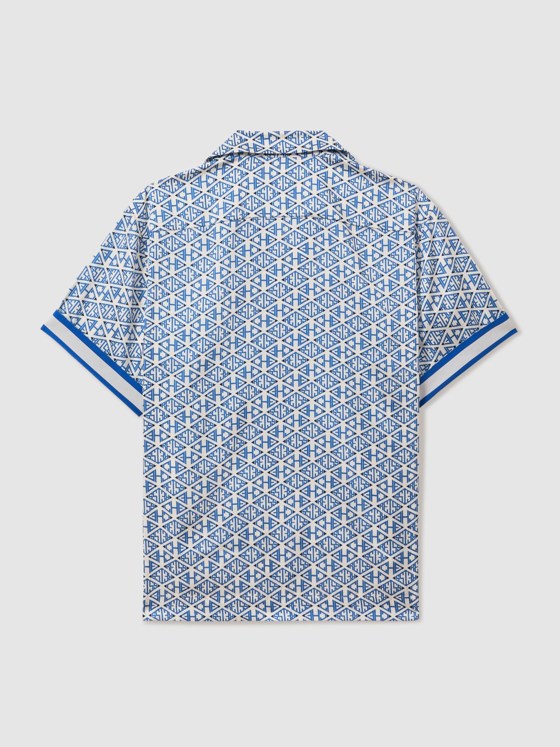 Reiss | Ché Monogram Print Cuff Detail Cuban Collar Shirt in Bright Blue/White - Image 2 of 5