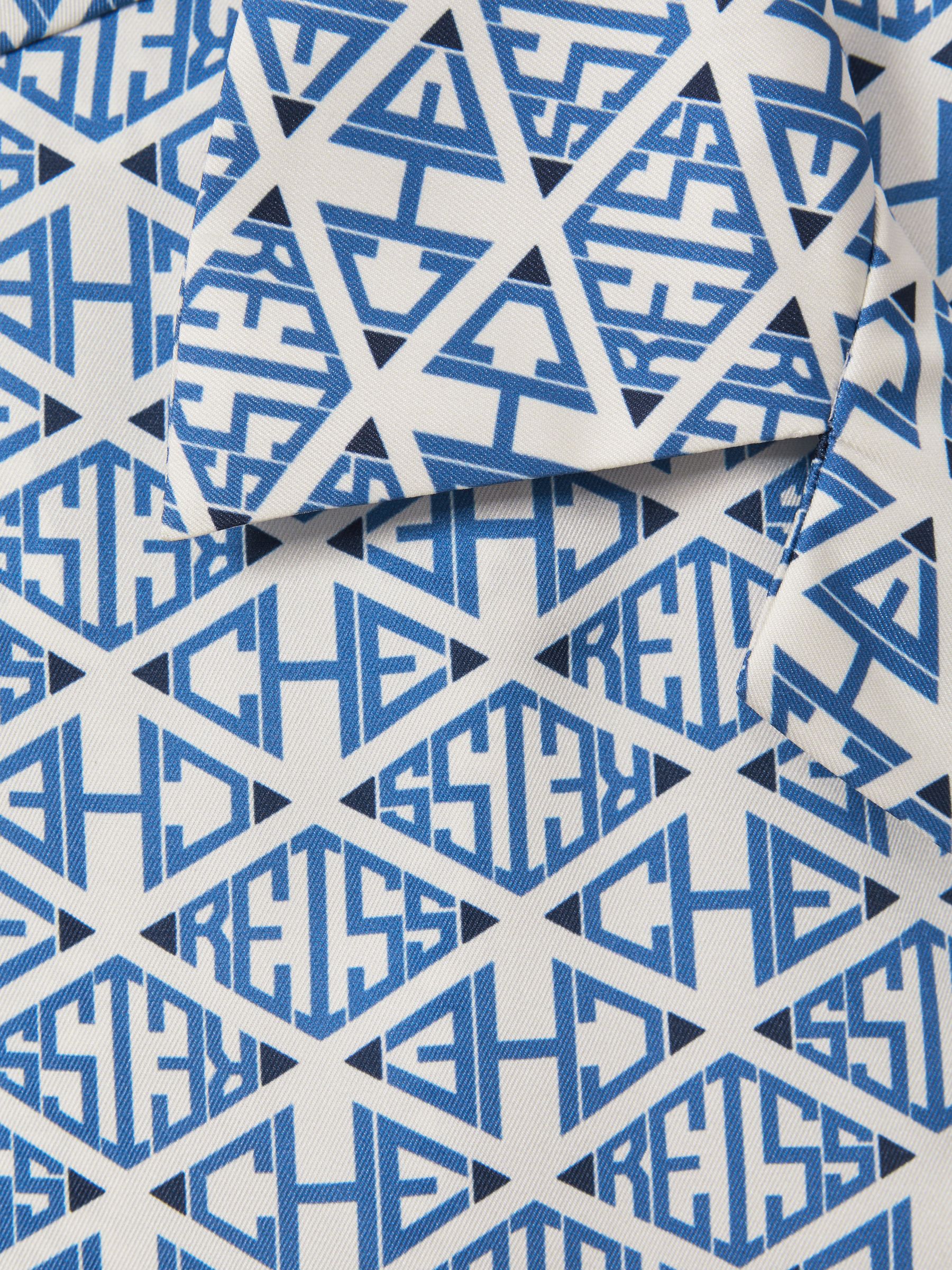 Reiss | Ché Monogram Print Cuff Detail Cuban Collar Shirt in Bright Blue/White - Image 3 of 5