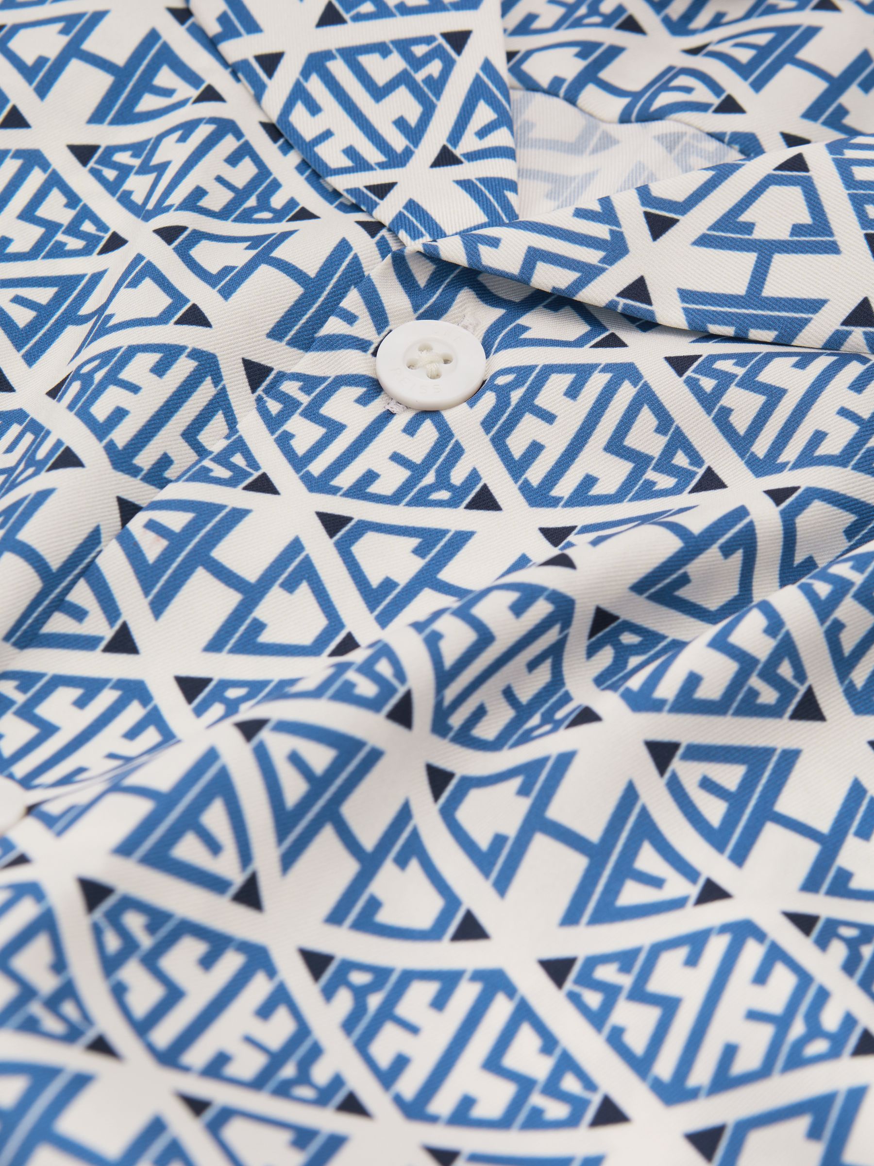 Reiss | Ché Monogram Print Cuff Detail Cuban Collar Shirt in Bright Blue/White - Image 5 of 5